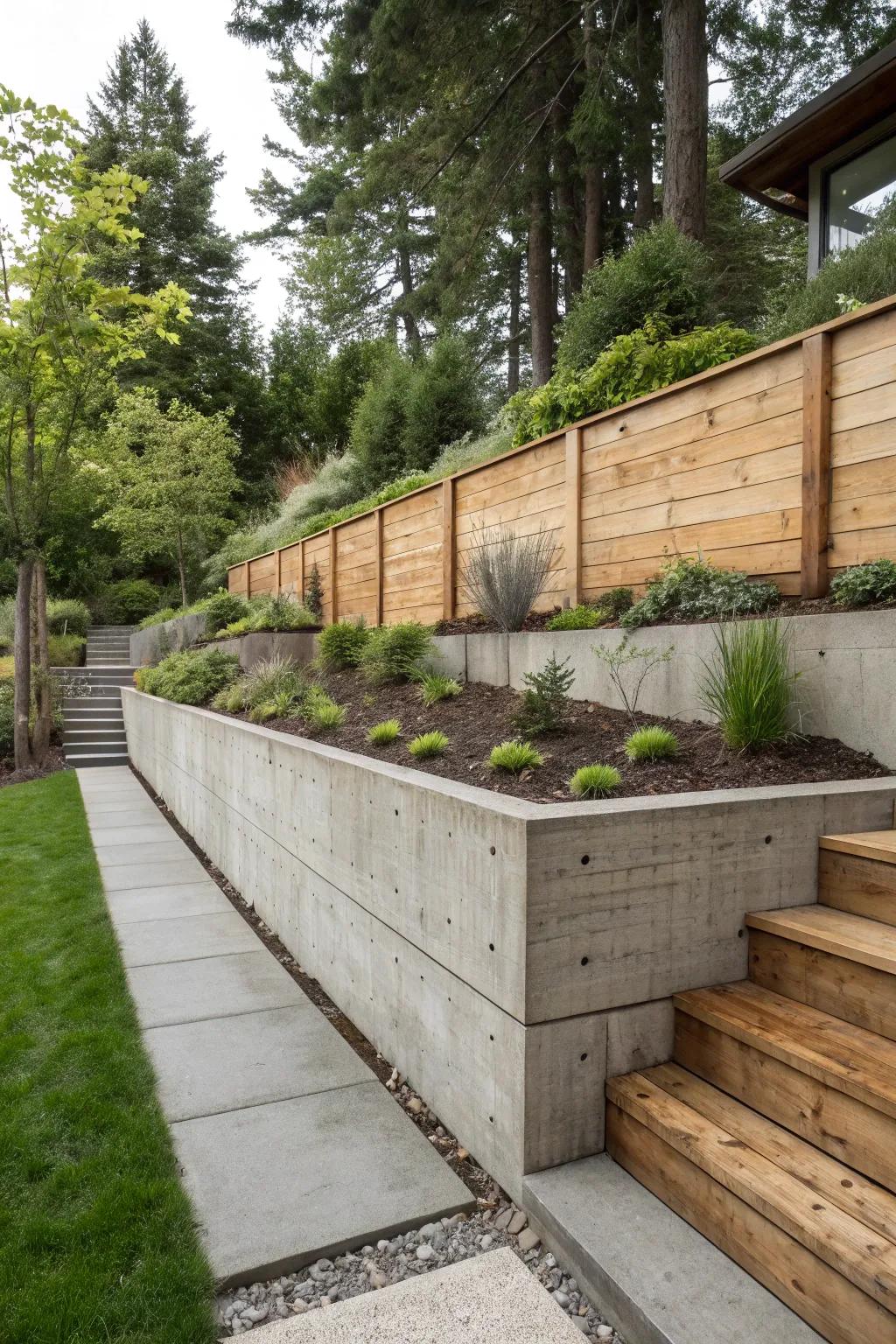Concrete and timber blend for a compelling retaining wall composition.