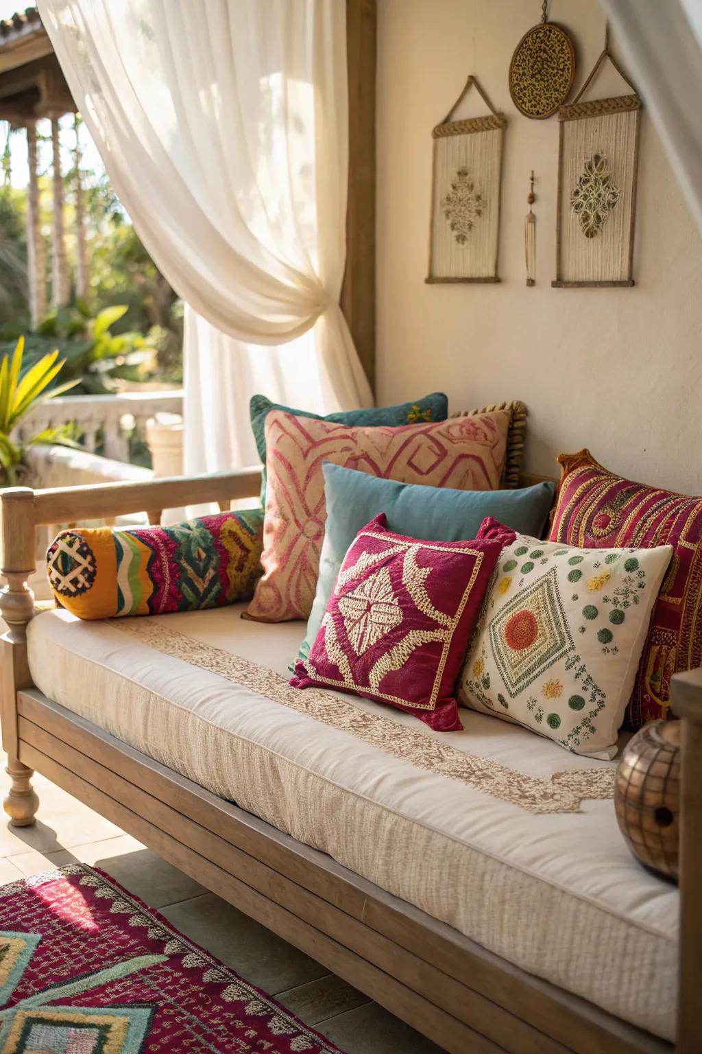 An arrangement of decorative cushions brings appeal and comfort to a daybed.