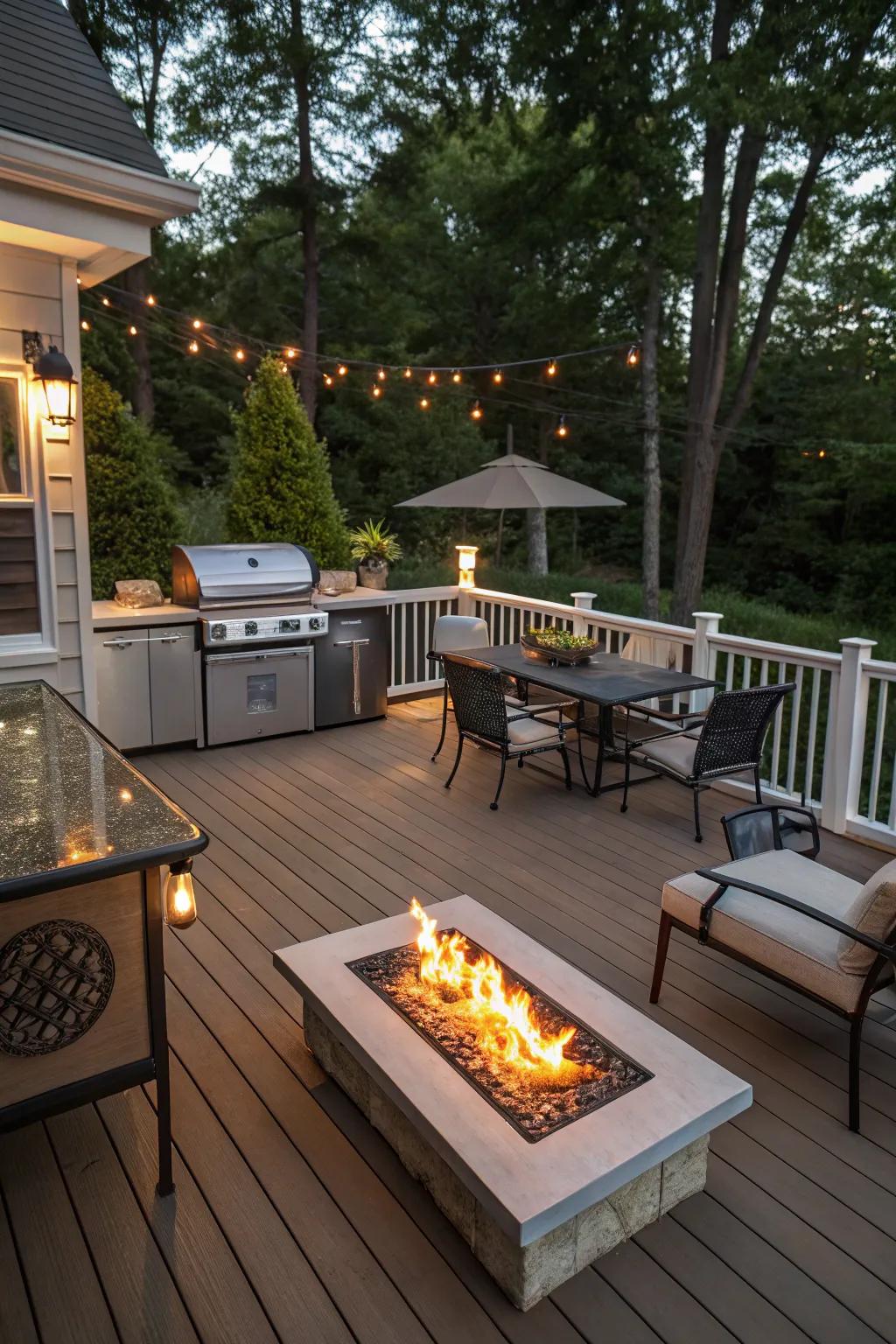 A deck kitted out with everything needed for a great get-together, including a fire pit and outdoor kitchen.