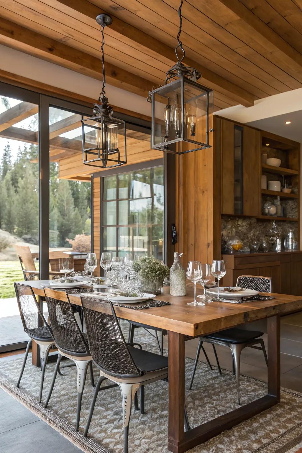 An array of materials contributes to texture and visual interest in a modern dining space.