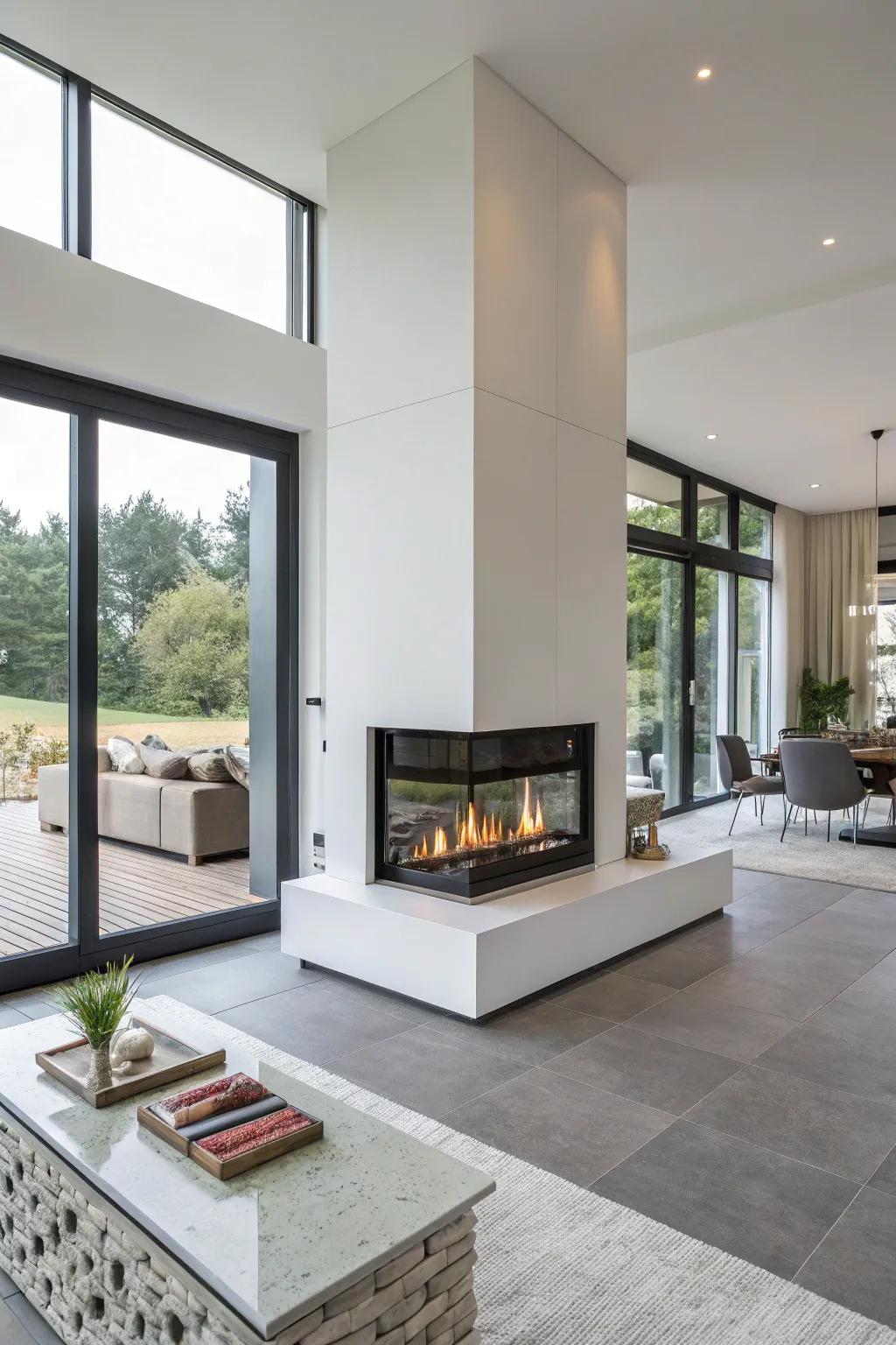 A double-sided electric fireplace serves as a stylish divider in an open-concept space.