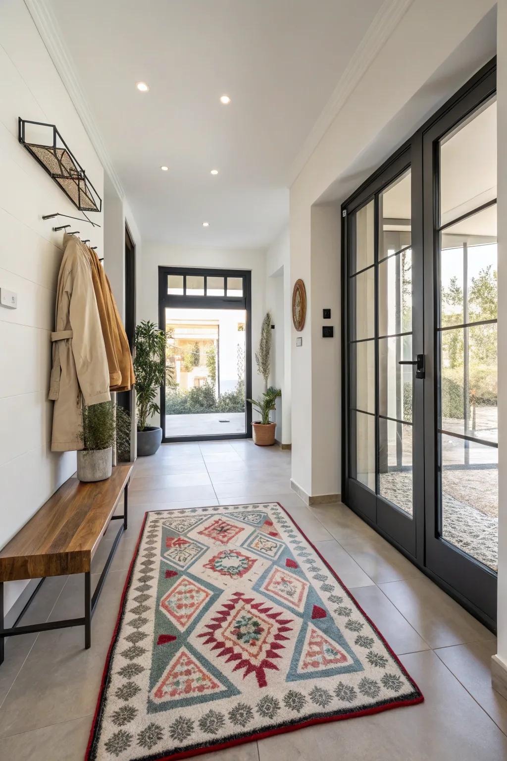 A decorative rug defines the area in a modern entryway.