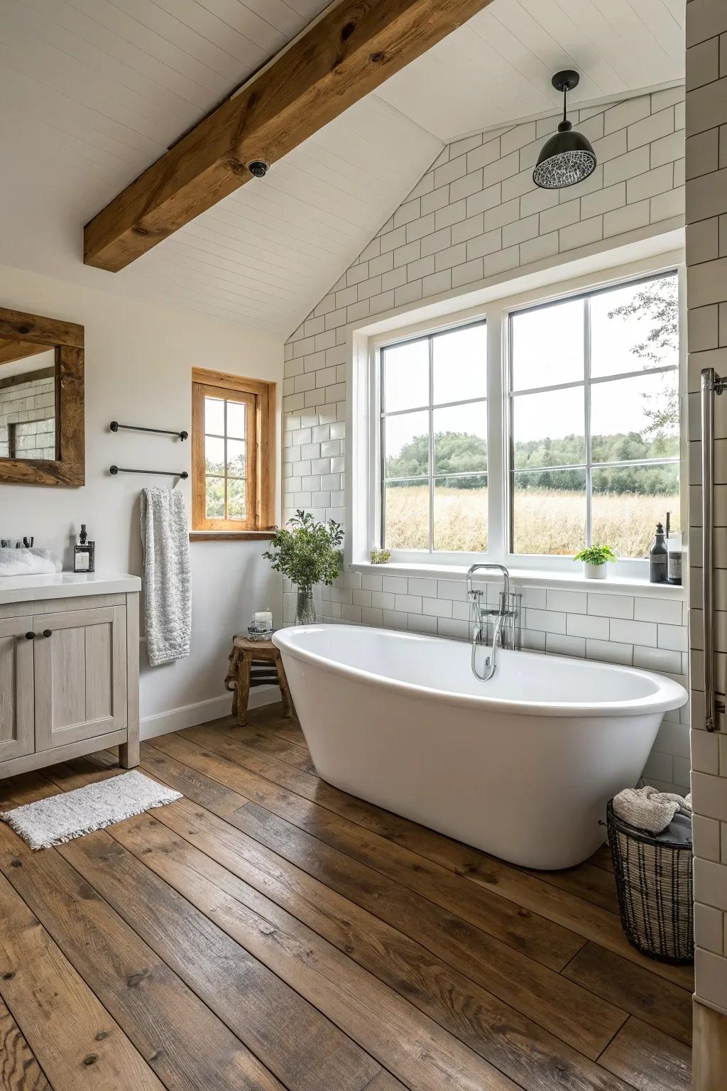 A detached soaking tub serves as an elegant focal point.