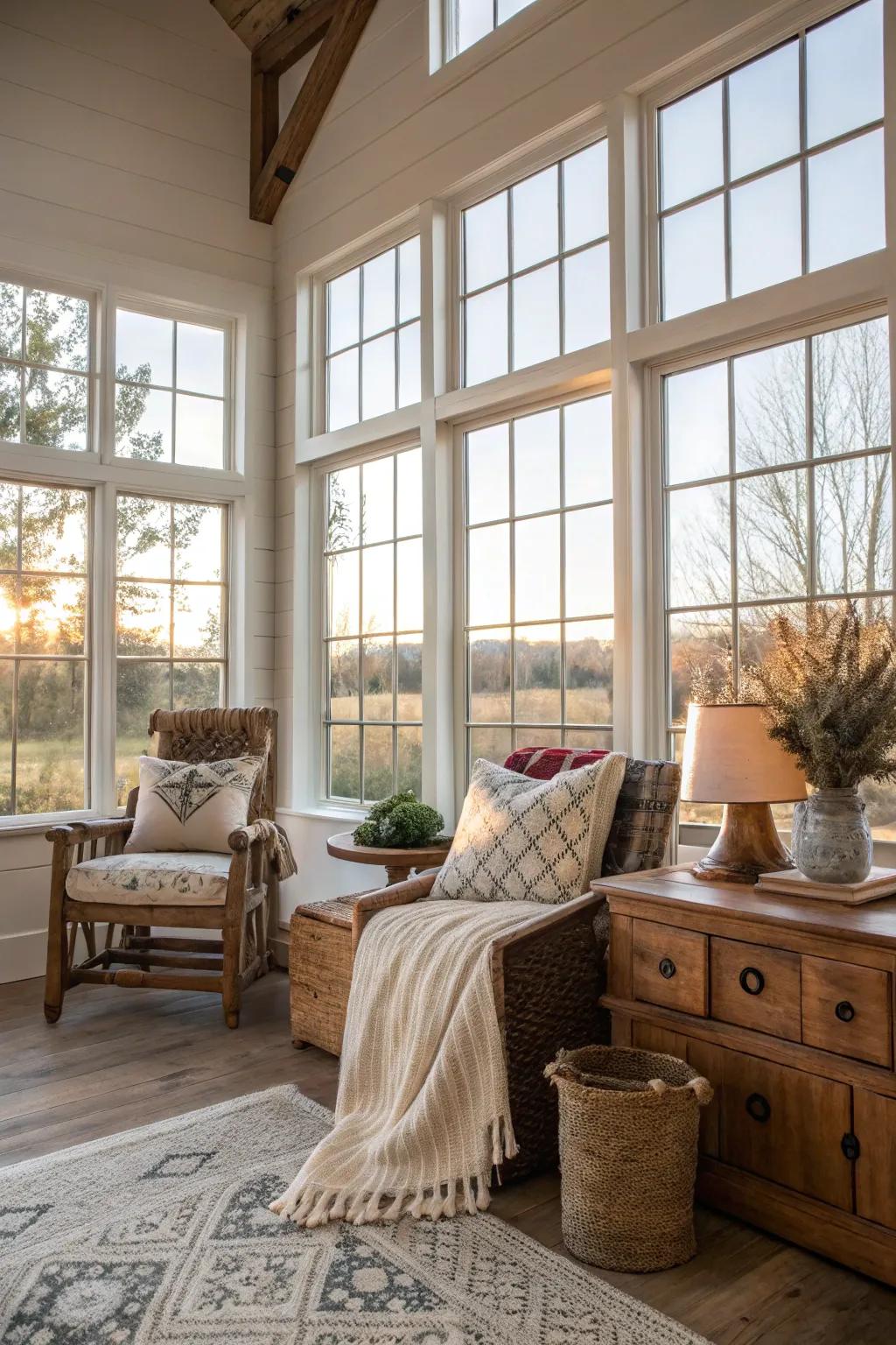 Sunlight streams into this modern farmhouse area, crafting an inviting atmosphere.