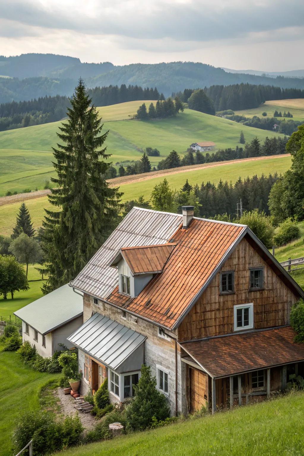Textural harmony: A farmhouse adorned with a blend of slates and metal roofing.