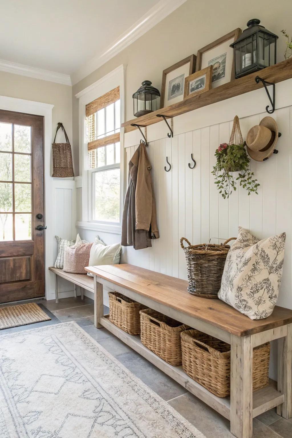 Luminous and appealing mudroom exhibiting neutral tints.