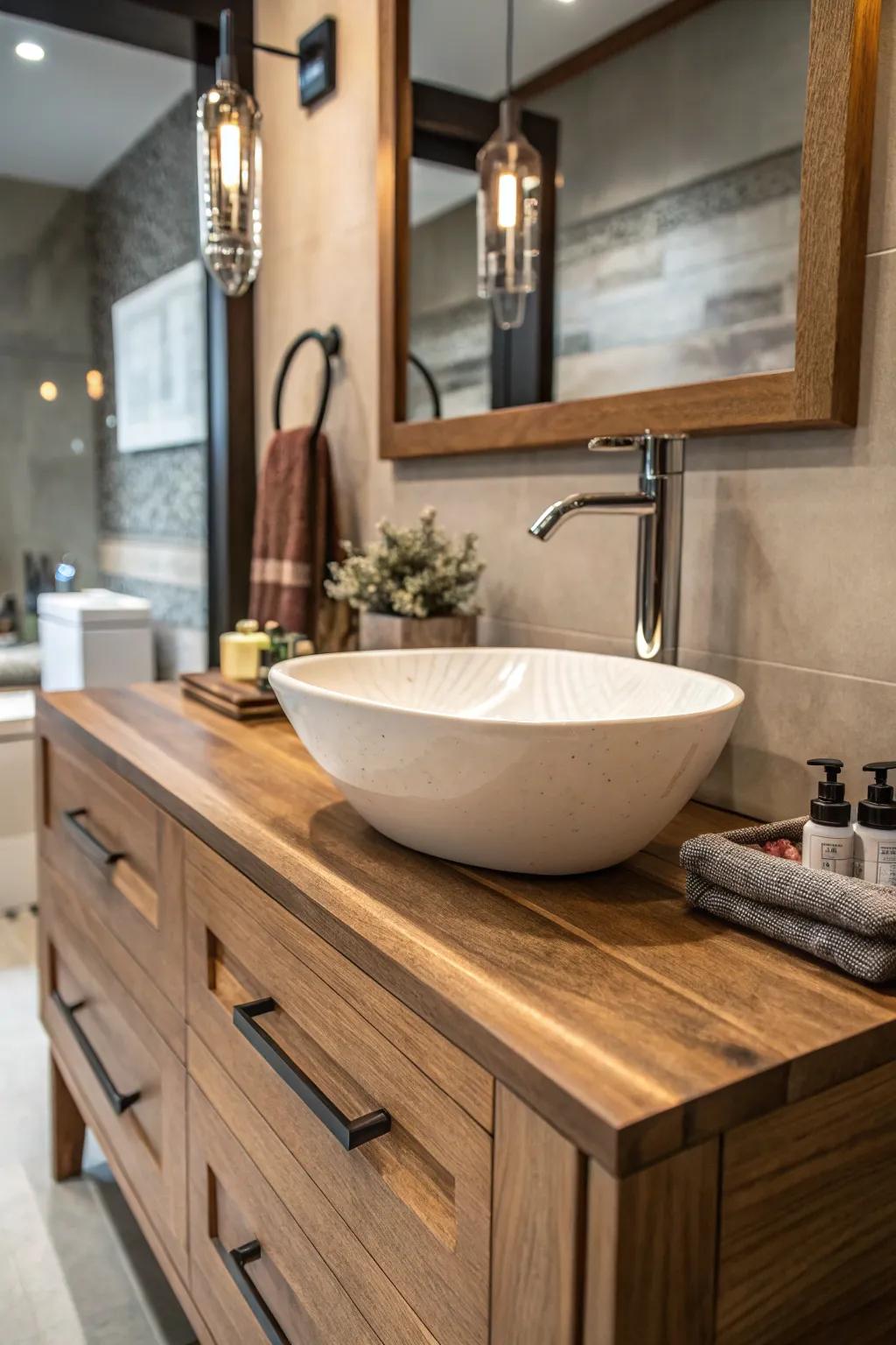 A trim sink bowl in a washroom with wood highlights.