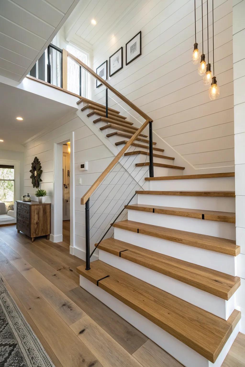A staircase featuring floating wooden steps that enhance open space and light.