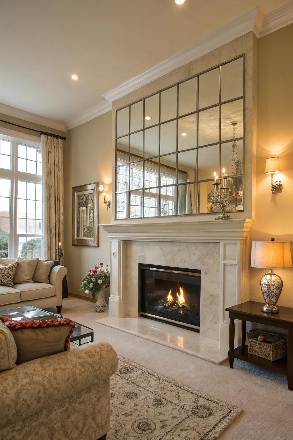 Looking glasses amplify illumination and dimension around your fireplace.