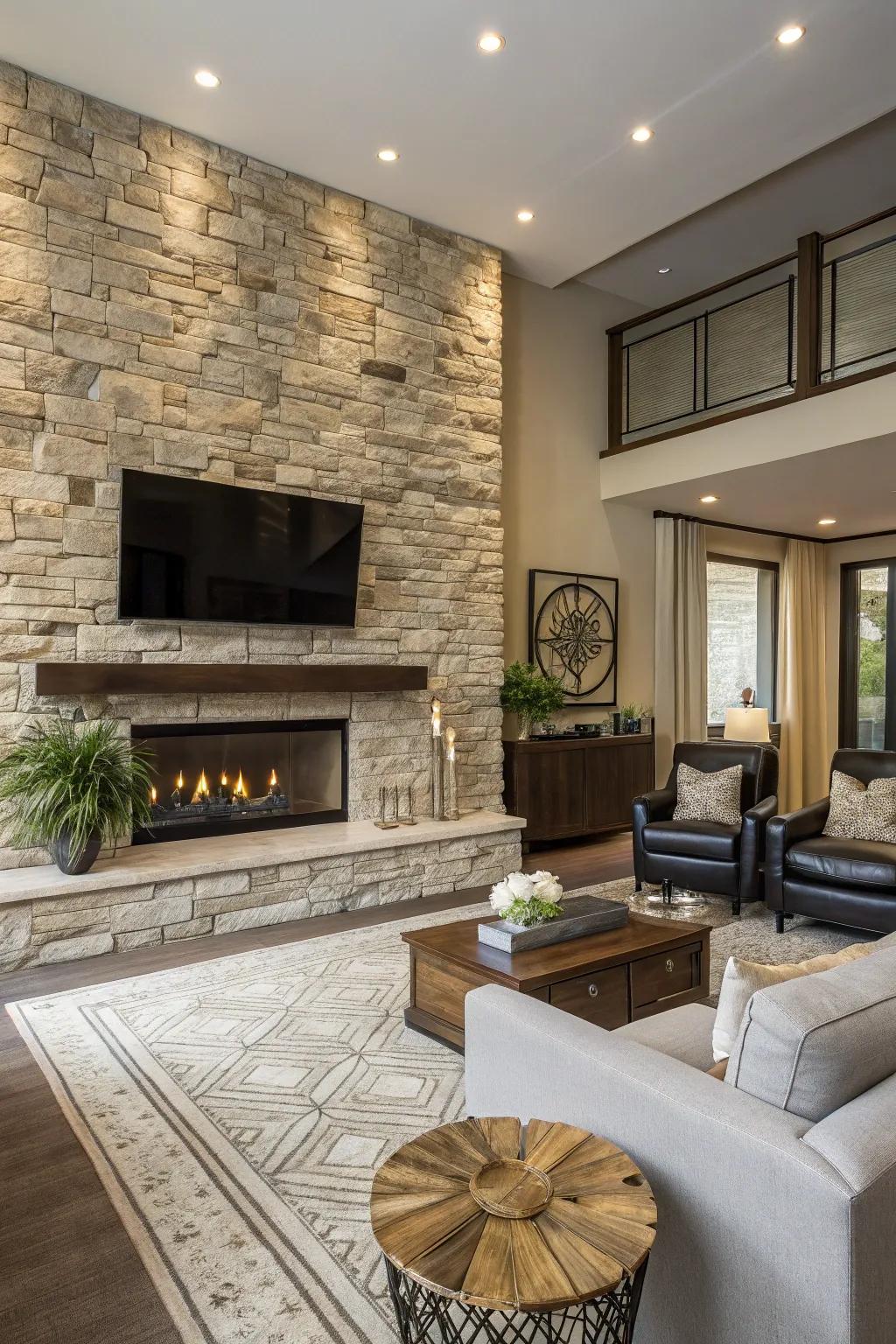 A stone-clad feature incorporates depth and rugged charm to a contemporary hearth arrangement.