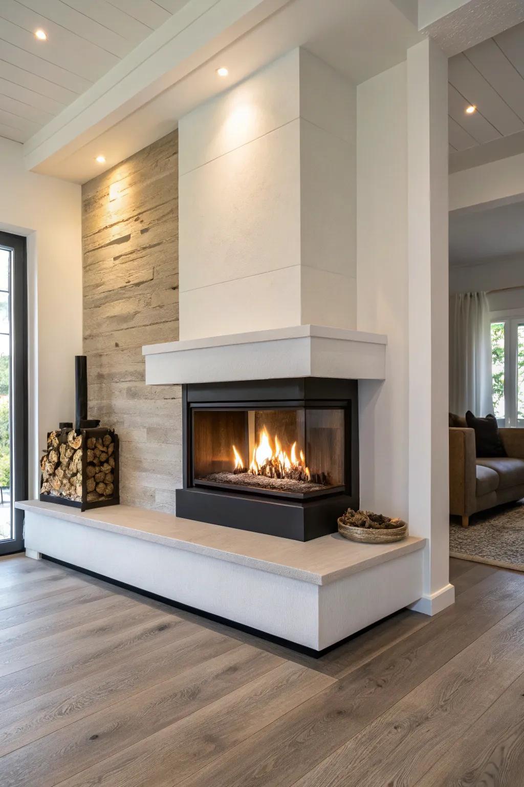 A firebox with an elevated hearth enhances the room with a touch of modernity.
