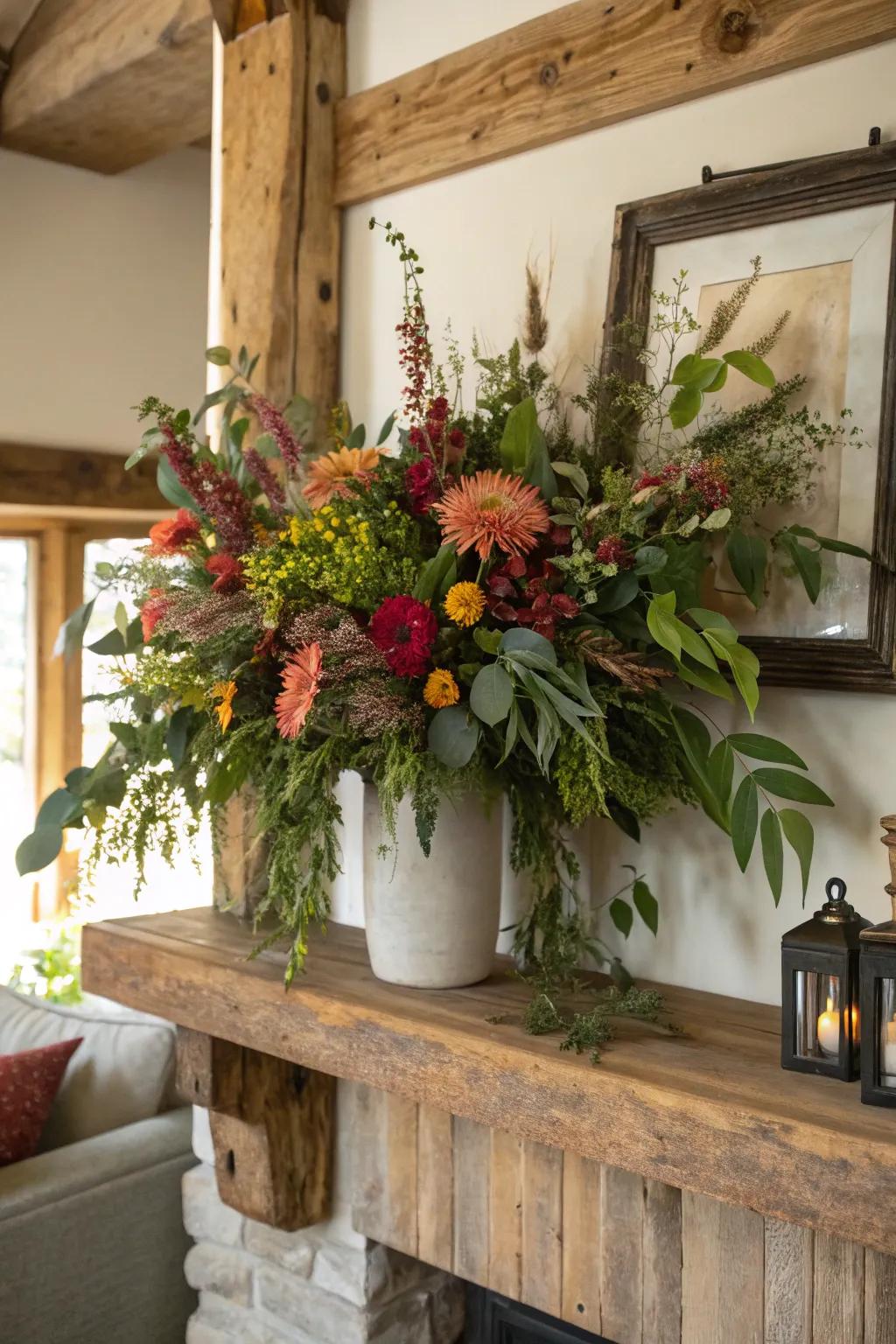 A flower arrangement incorporating elements of nature for added texture.