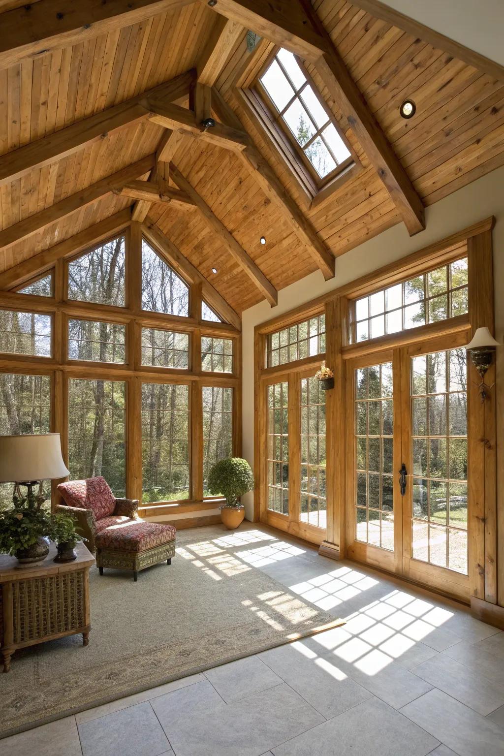 Arch ceilings with visible beams contribute character to this sunroom.