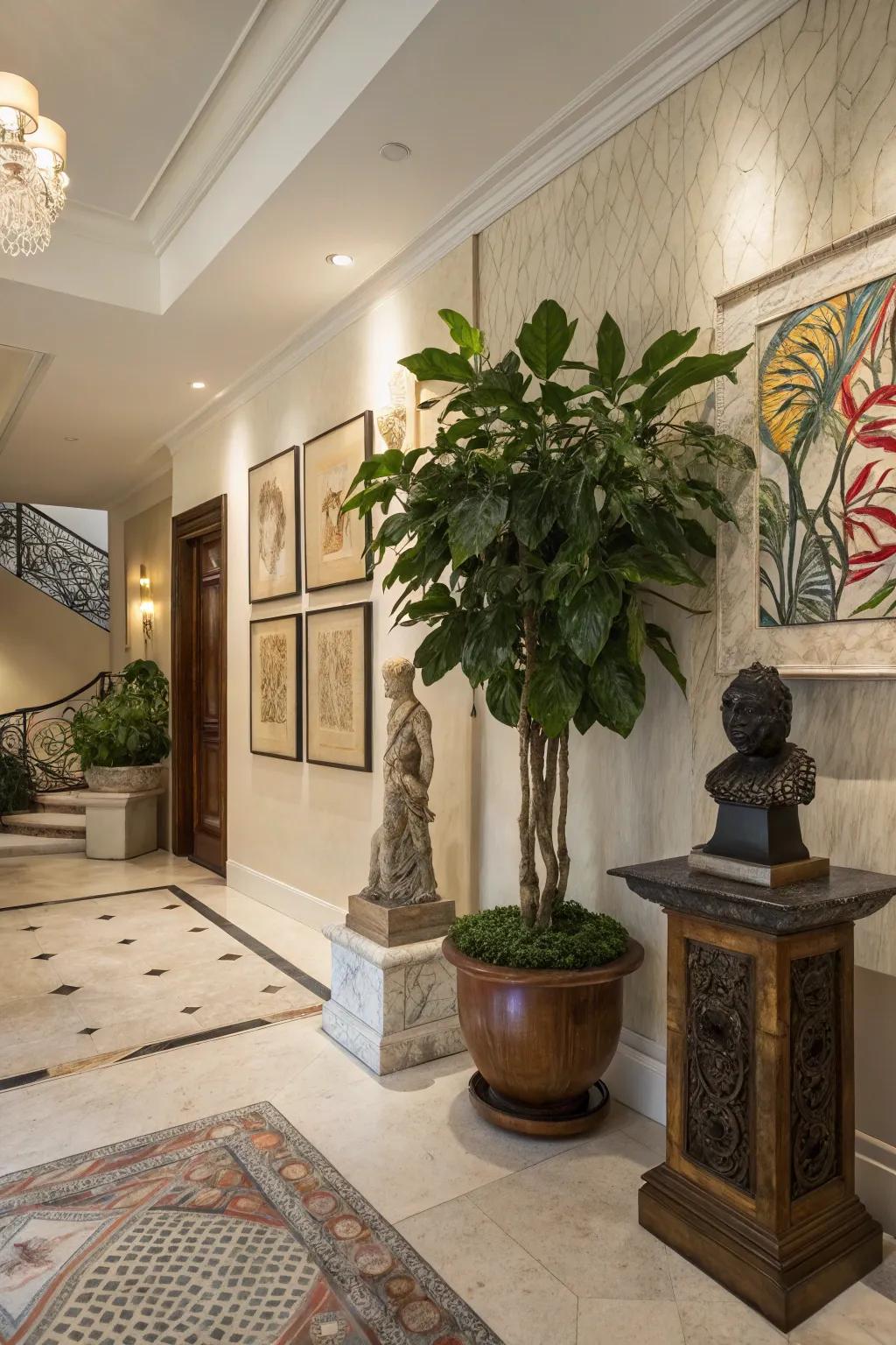 Ornamental features add a personal touch to this modern entrance hall, providing warmth and style.