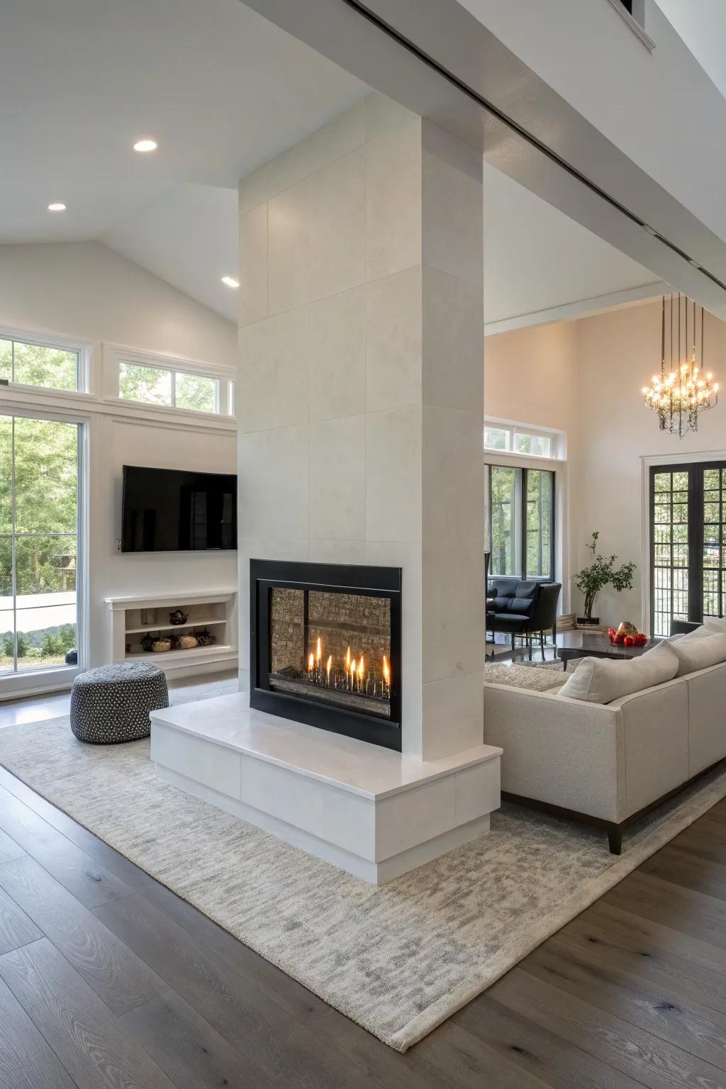 A double-sided gas fireplace connects two rooms with inviting warmth.