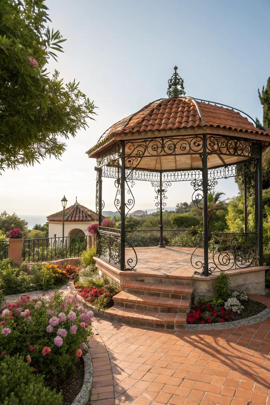 A Mediterranean-style gazebo radiating sophistication and warmth.