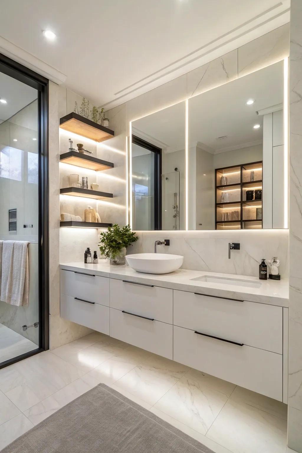 A bathroom exhibiting functional storage selections with hanging shelves and smooth cabinetry.