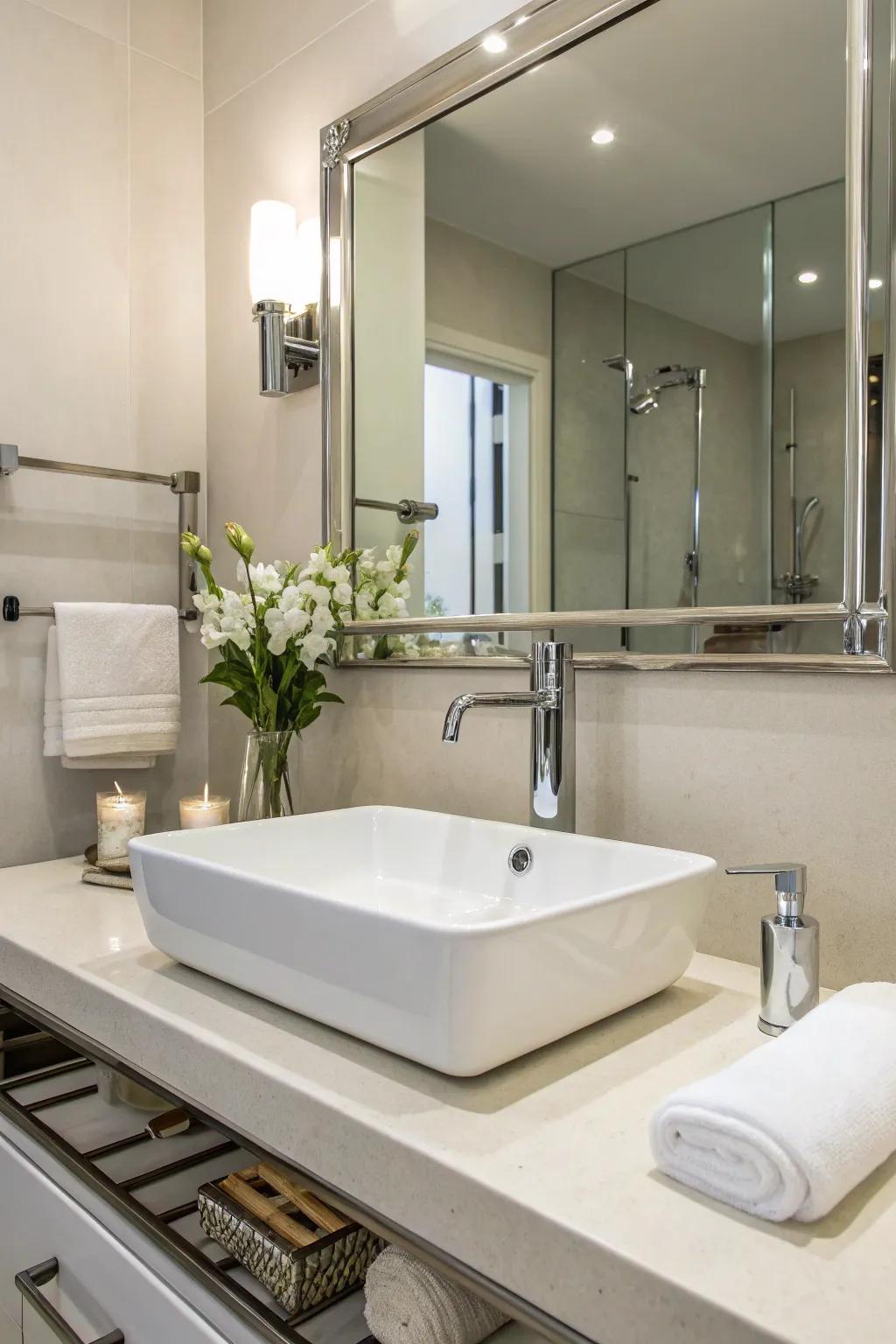 Sleek fittings contribute a modern nuance to any gray and white bathroom.