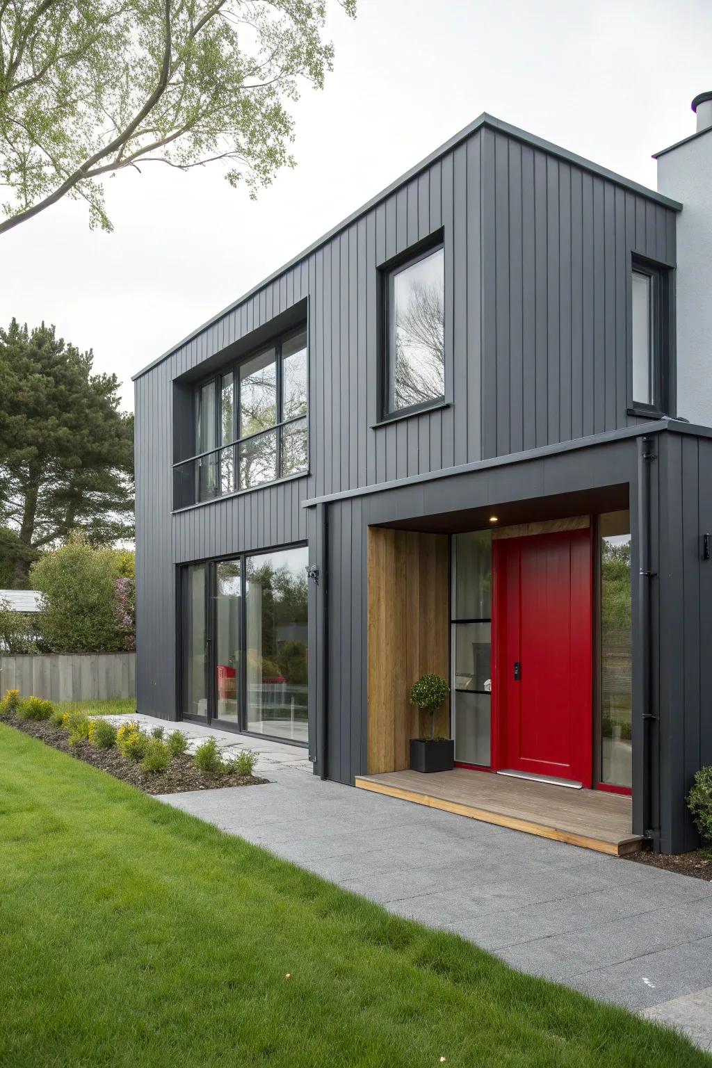 Coal grey paired with a red front portal for a striking modern look.