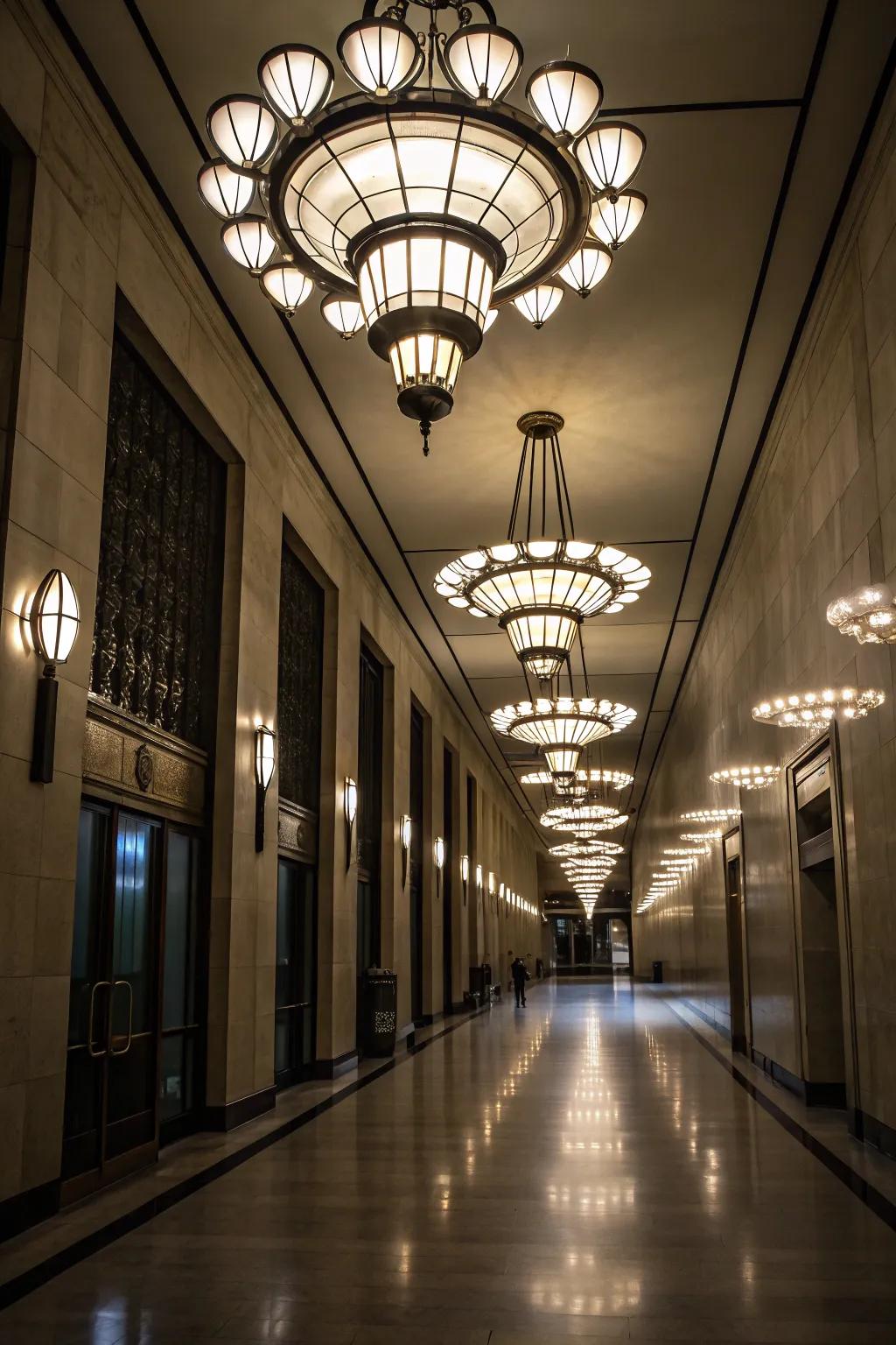 Assembled lighting injects drama and intrigue into any hallway.
