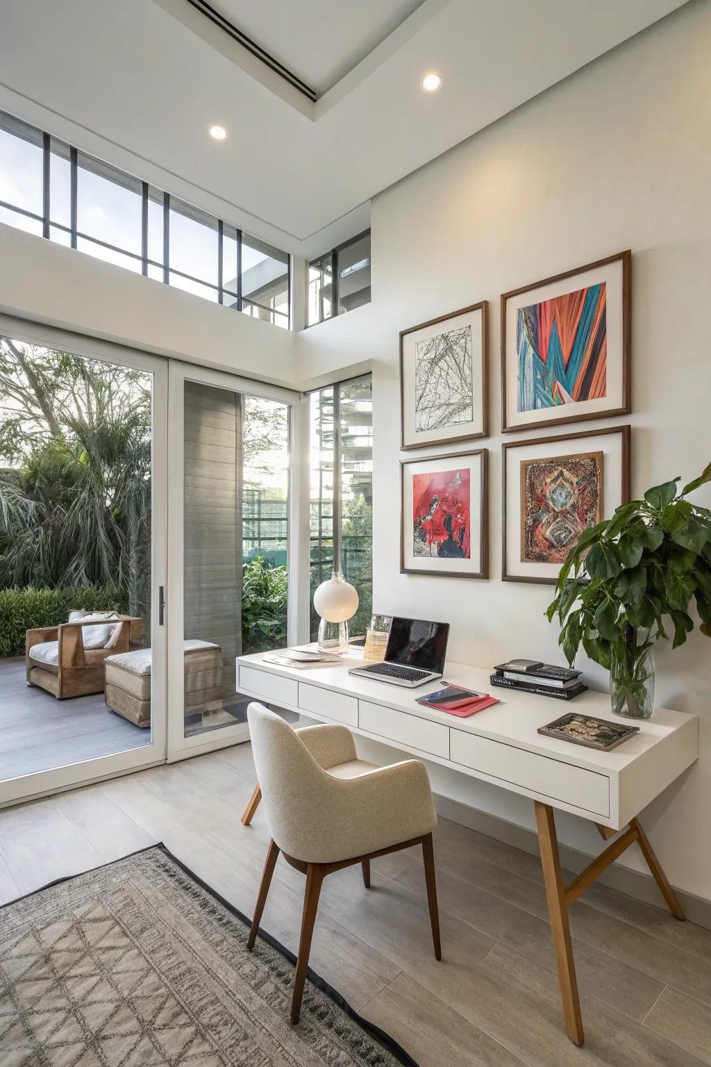 Modern art providing a personal touch to a home office.