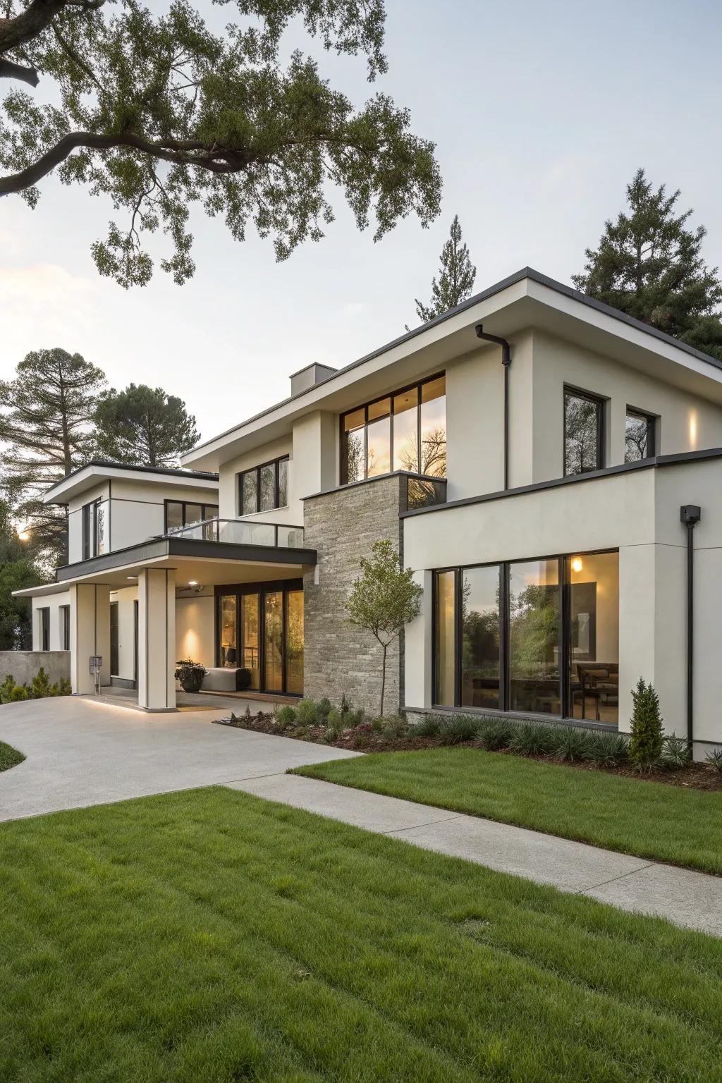 A modern home facade utilizing a subdued hue selection.