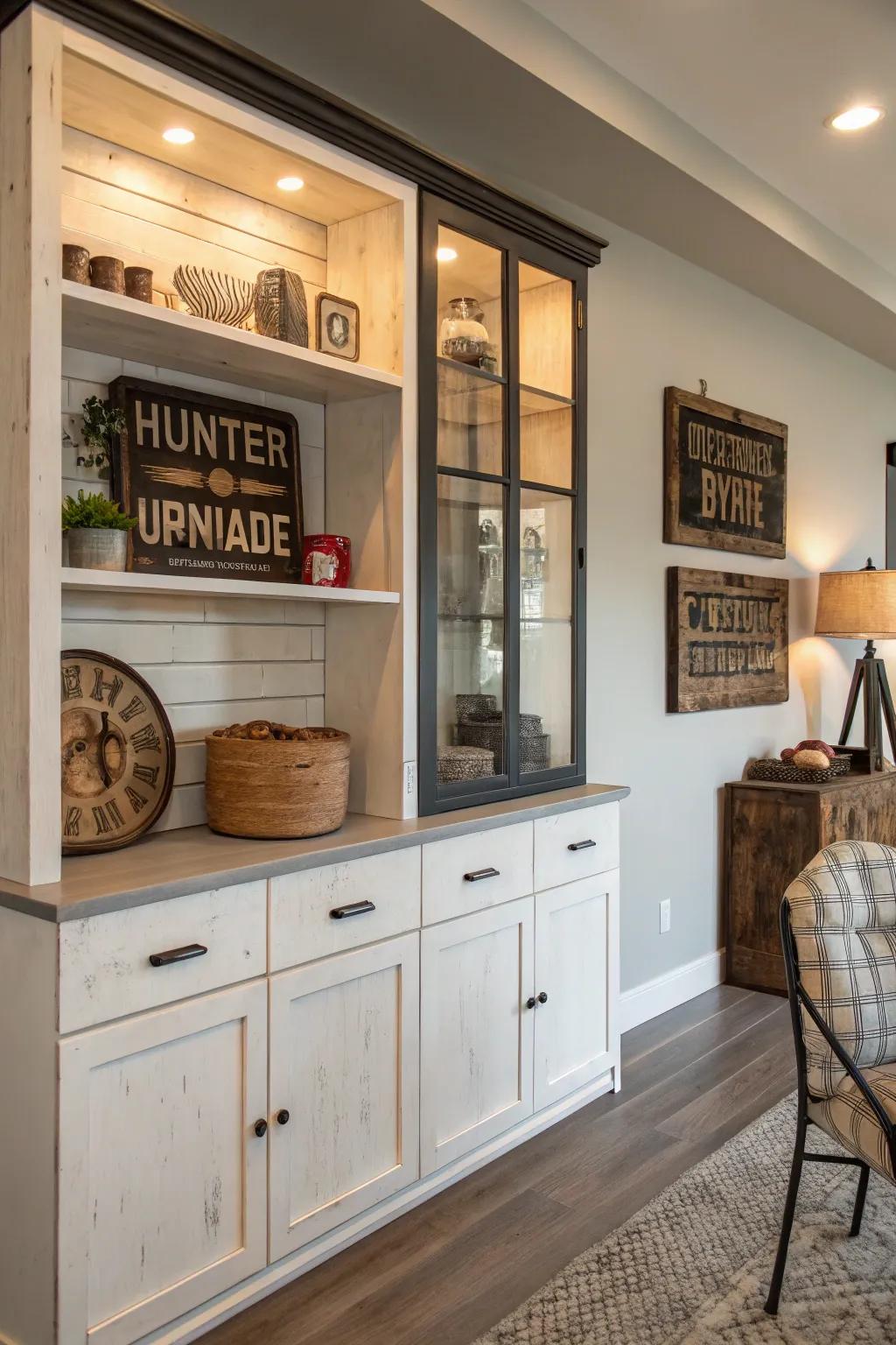 Time-worn details bestow personality and warmth to the contemporary display cabinet.