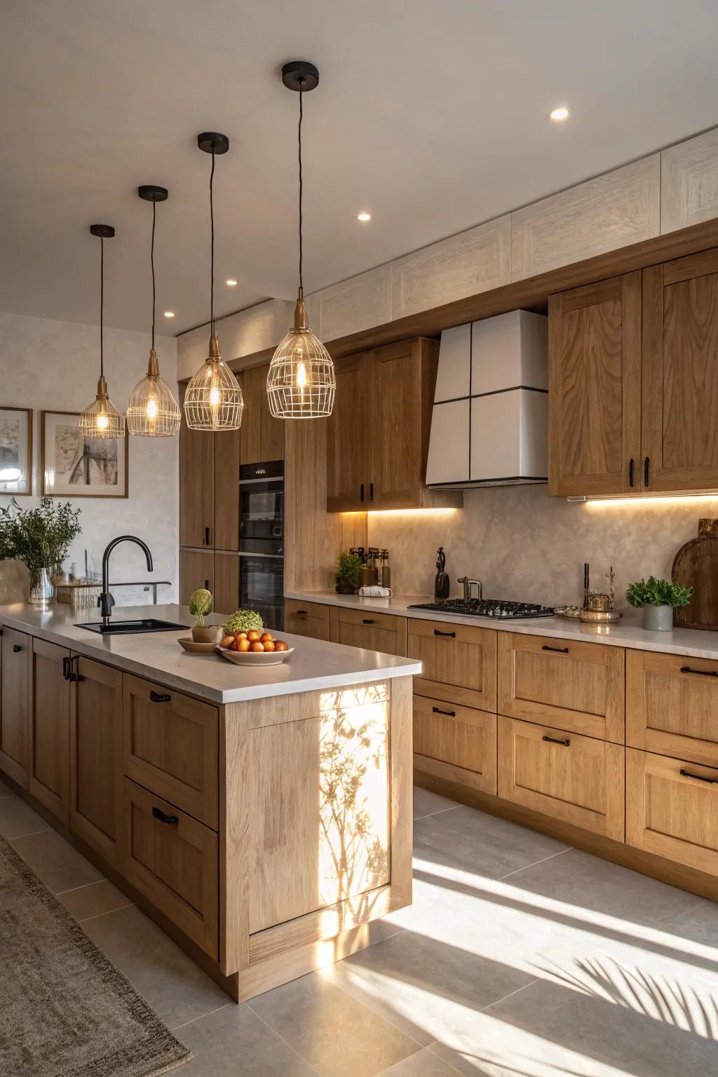 Up-to-date illumination fixtures enhance the warmth and beauty of cooking spaces with timber vanities.