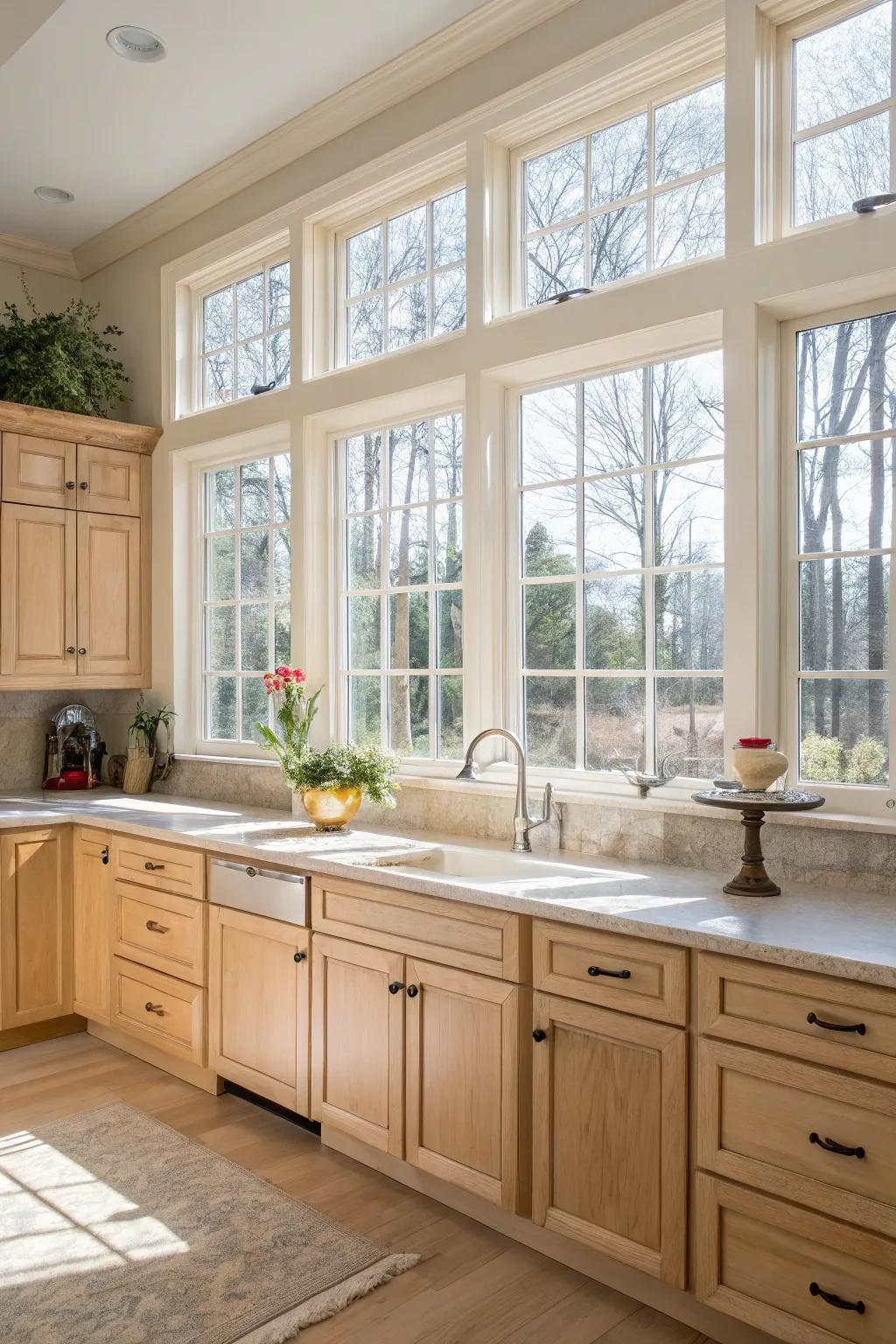 Natural illumination enhances the airy atmosphere of a kitchen equipped with light oak cabinets.