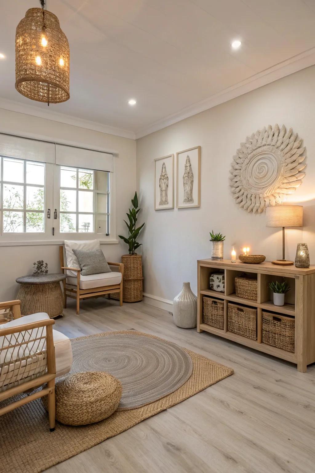 A neutral theme enhances the tranquility of bright wooden floors.
