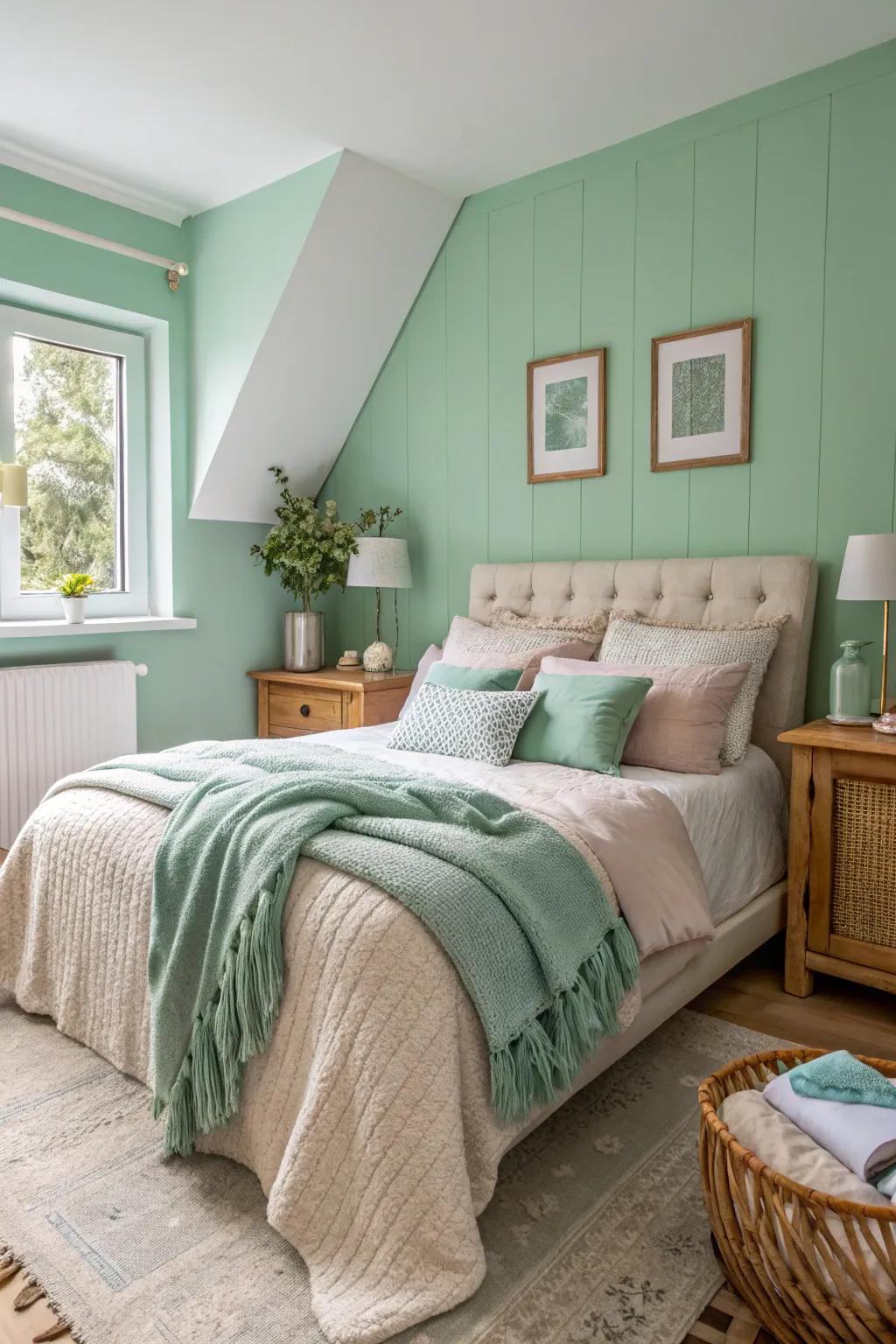 A cozy seafoam serenity bedroom with layered fabrics.