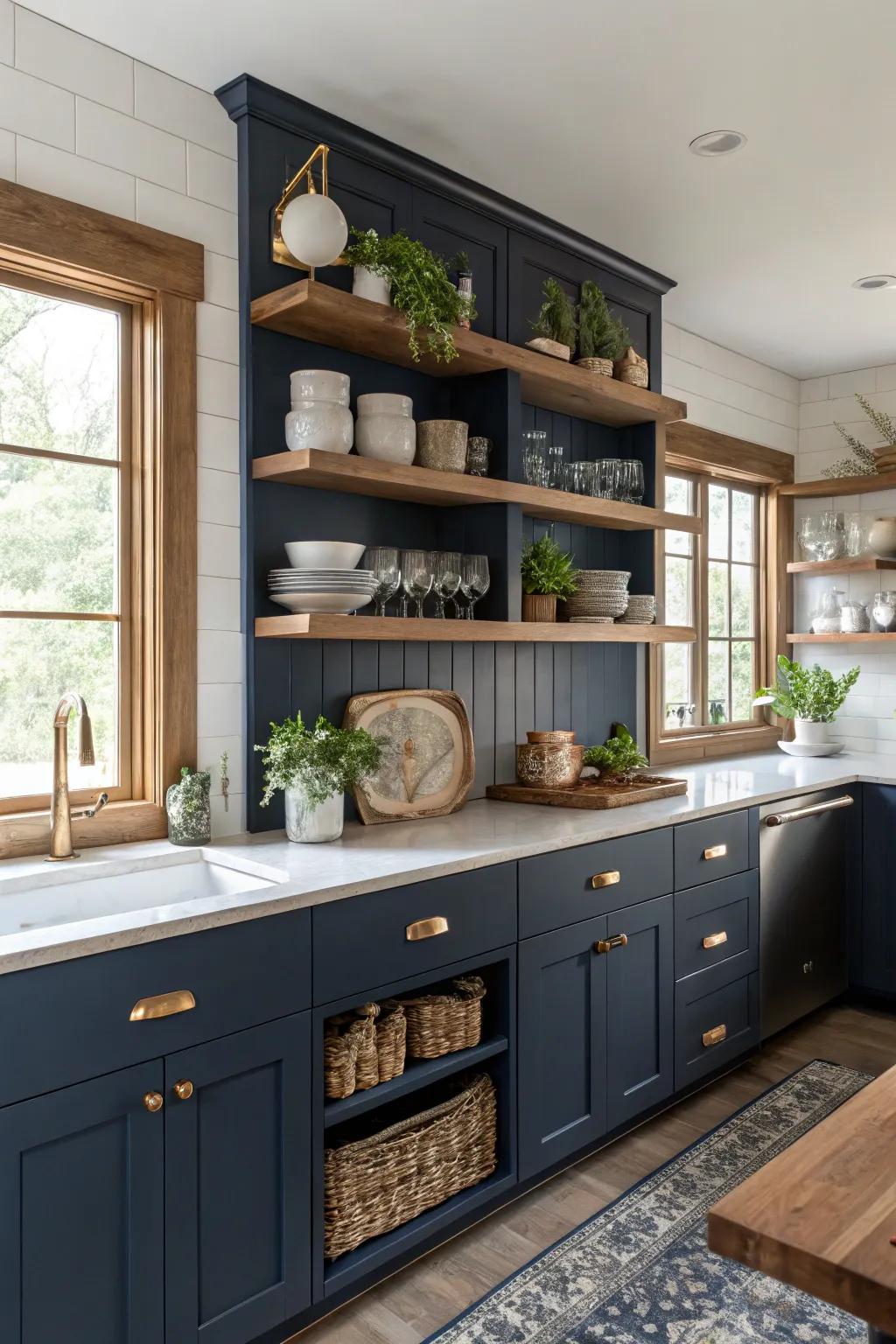 Open shelves make dark blue kitchens feel more personal and airy.