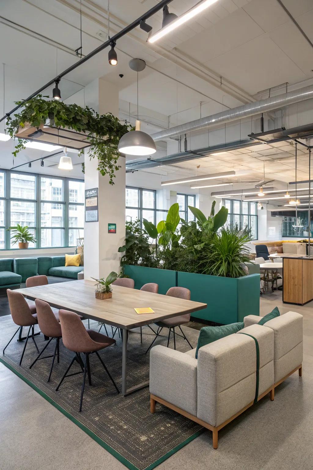 A collaborative area with a large table and adaptable seating.