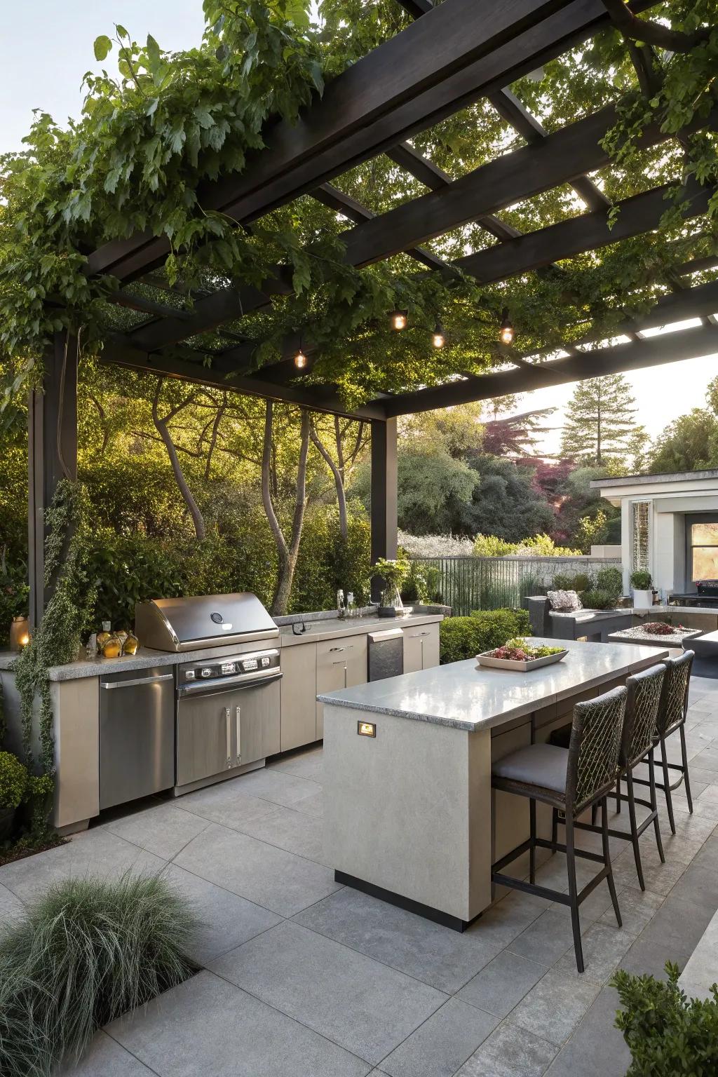 A shelter structure providing shade and style to an elegant outdoor cooking area.