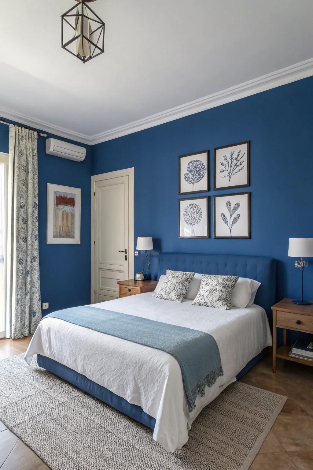 Simple artwork pieces complement the regal blue motif, appending elegance.