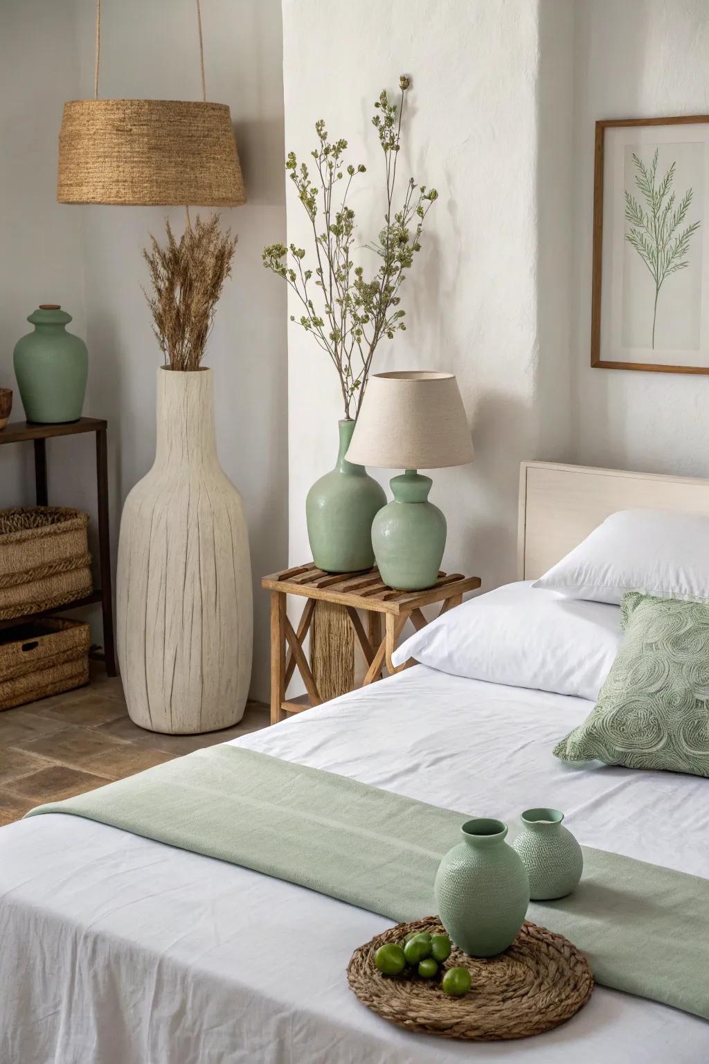 Simple soft green decor complements the room’s minimalism and serenity.