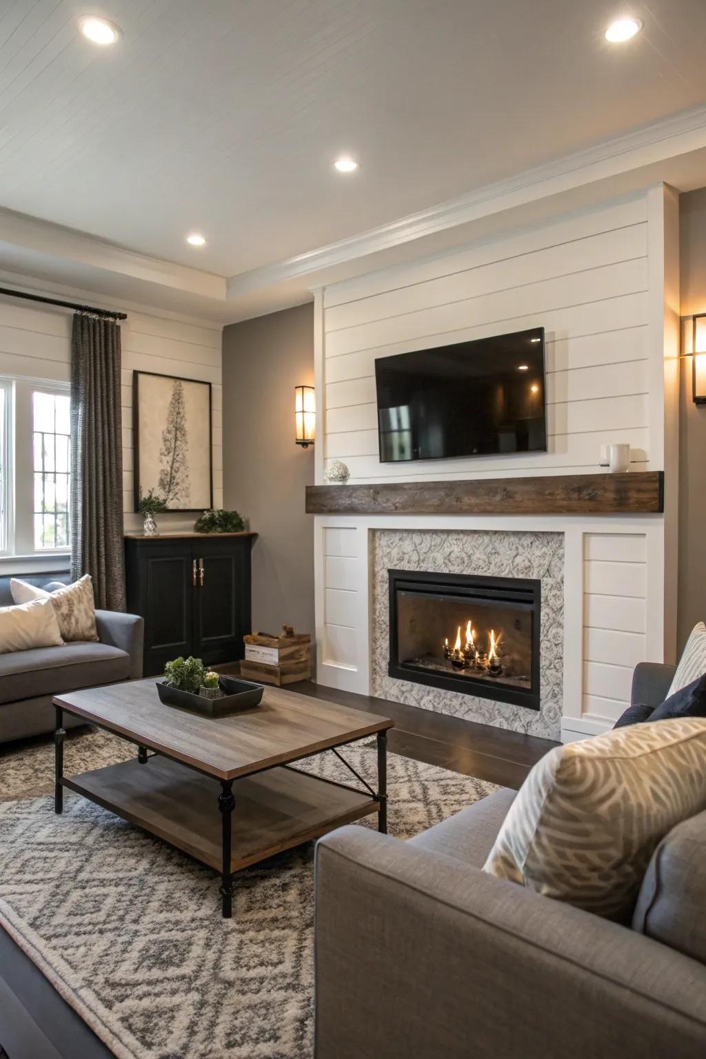 A two-tone shiplap fireplace that adds depth and sophistication.