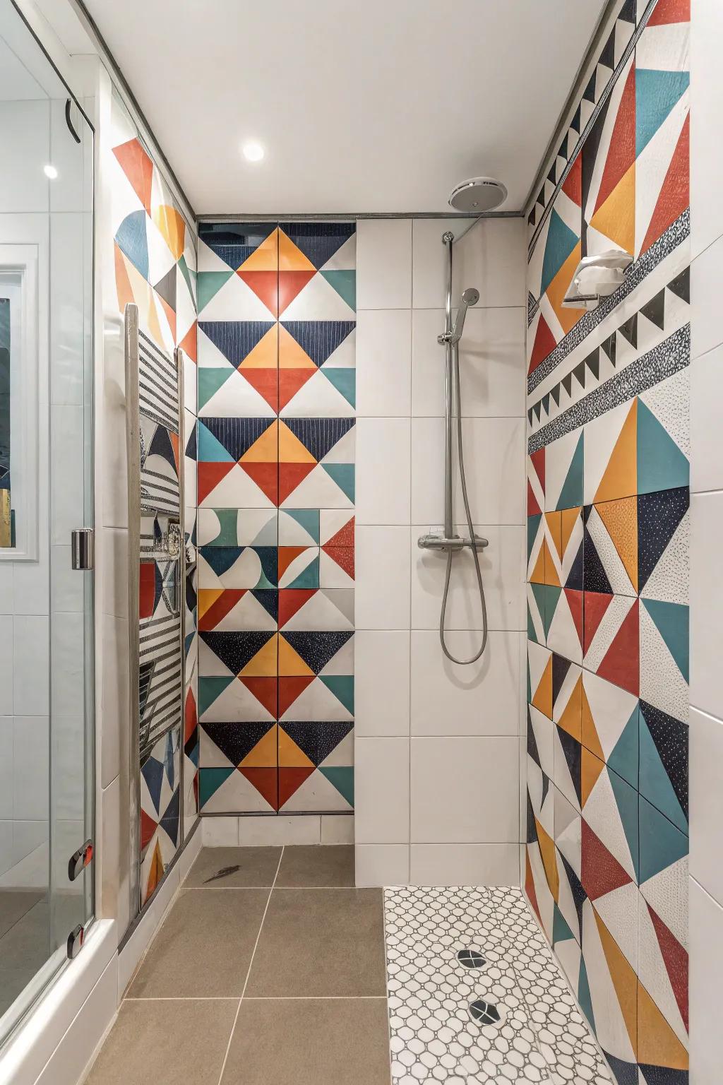 A shower featuring creative geometric tile layouts for a bold look.