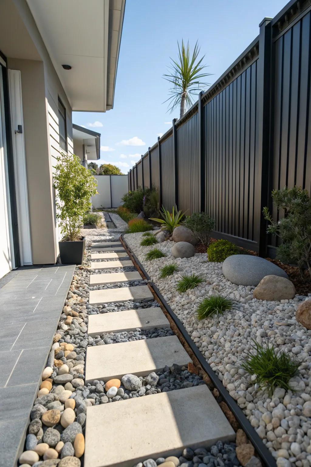 Pebbles and stones introduce natural texture and contrast.