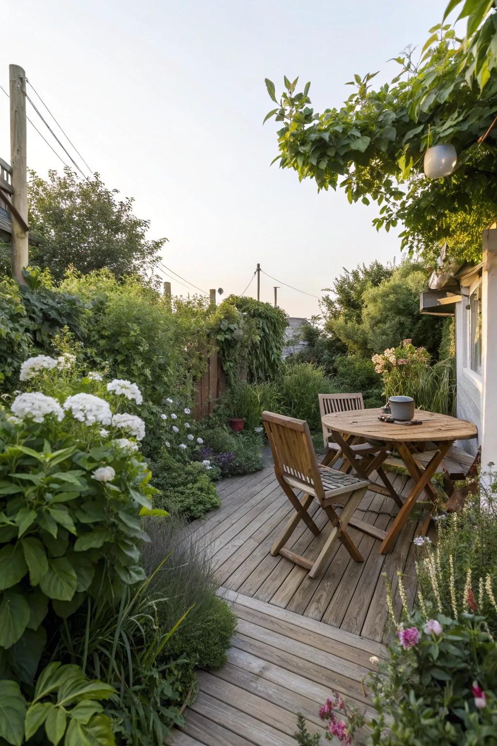 Timber elements contributing warmth and texture to a modern garden.