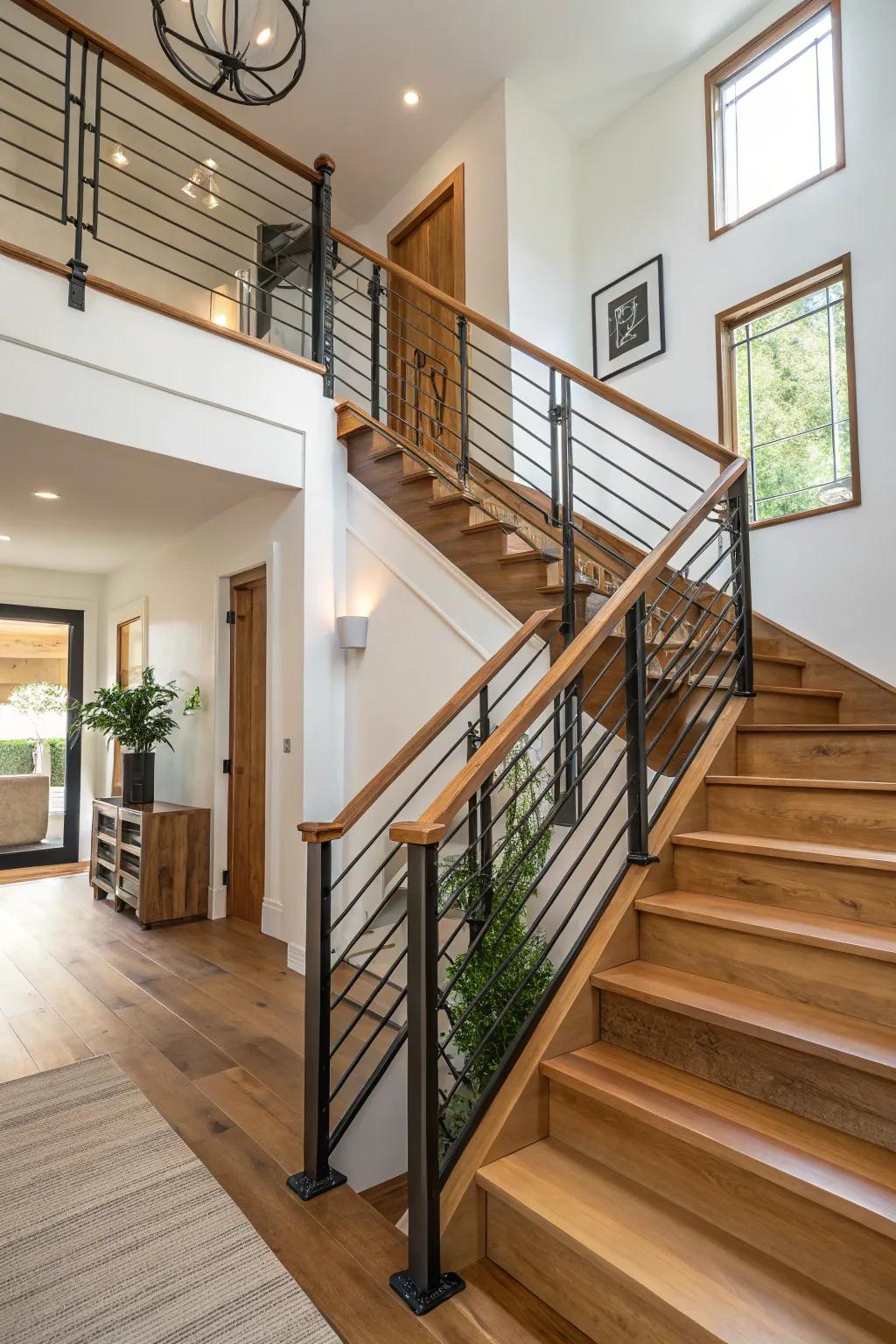 Railings constructed from varied materials, introducing depth to the design.