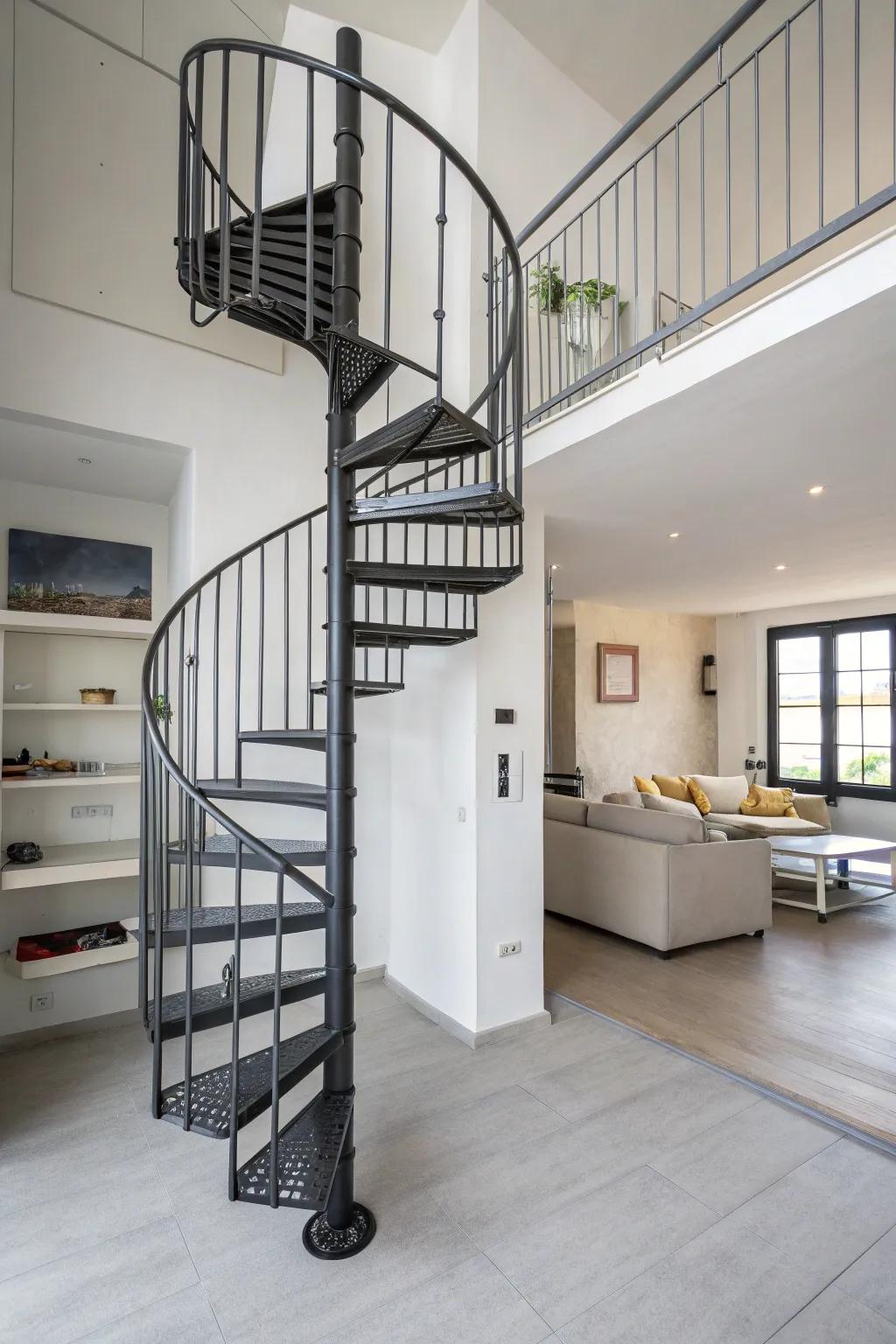 Spiral staircases are perfect for saving space while adding visual interest.