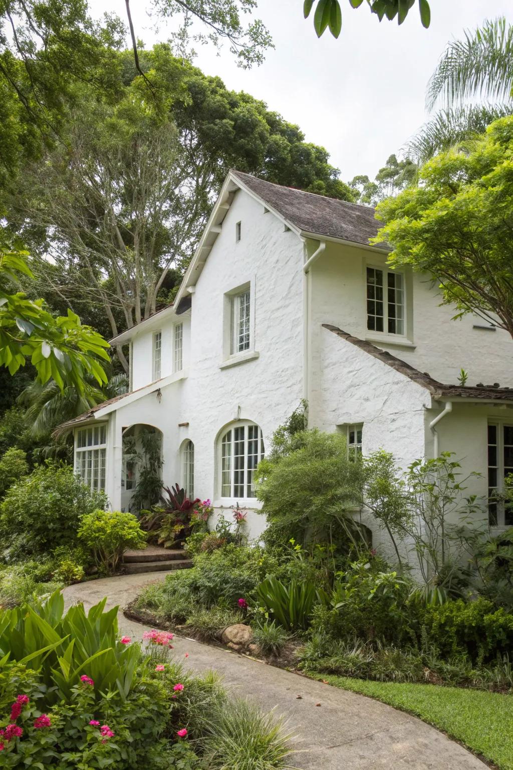 Chalky white stucco home surrounded by greenery.