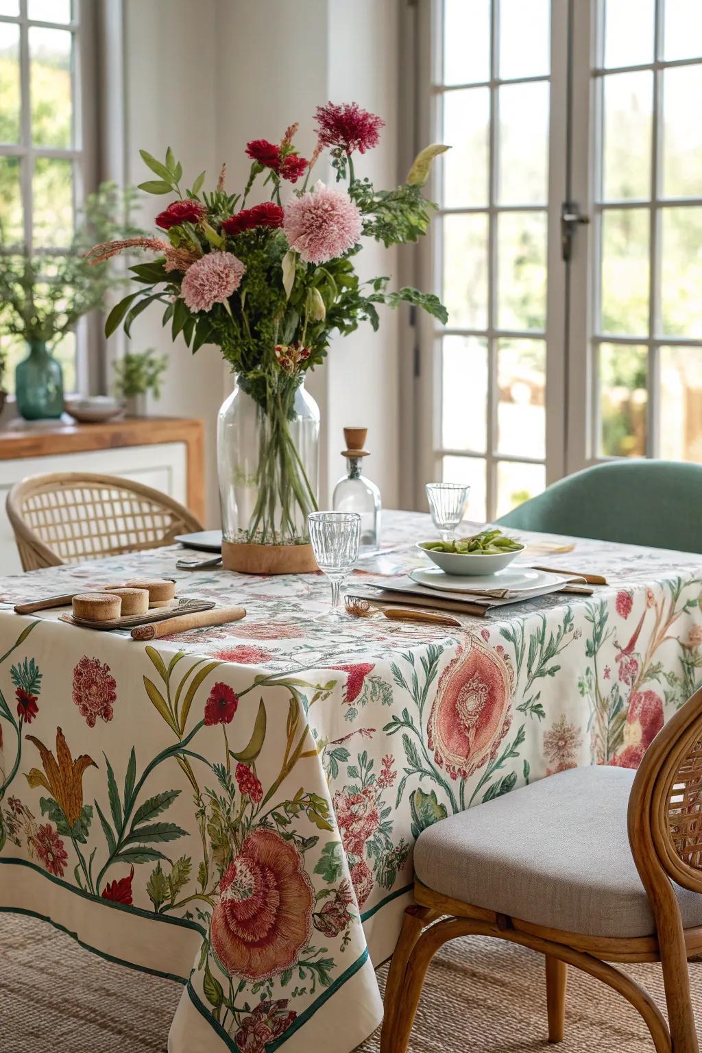 Botanical patterns bring a fresh element to modern dining tables.