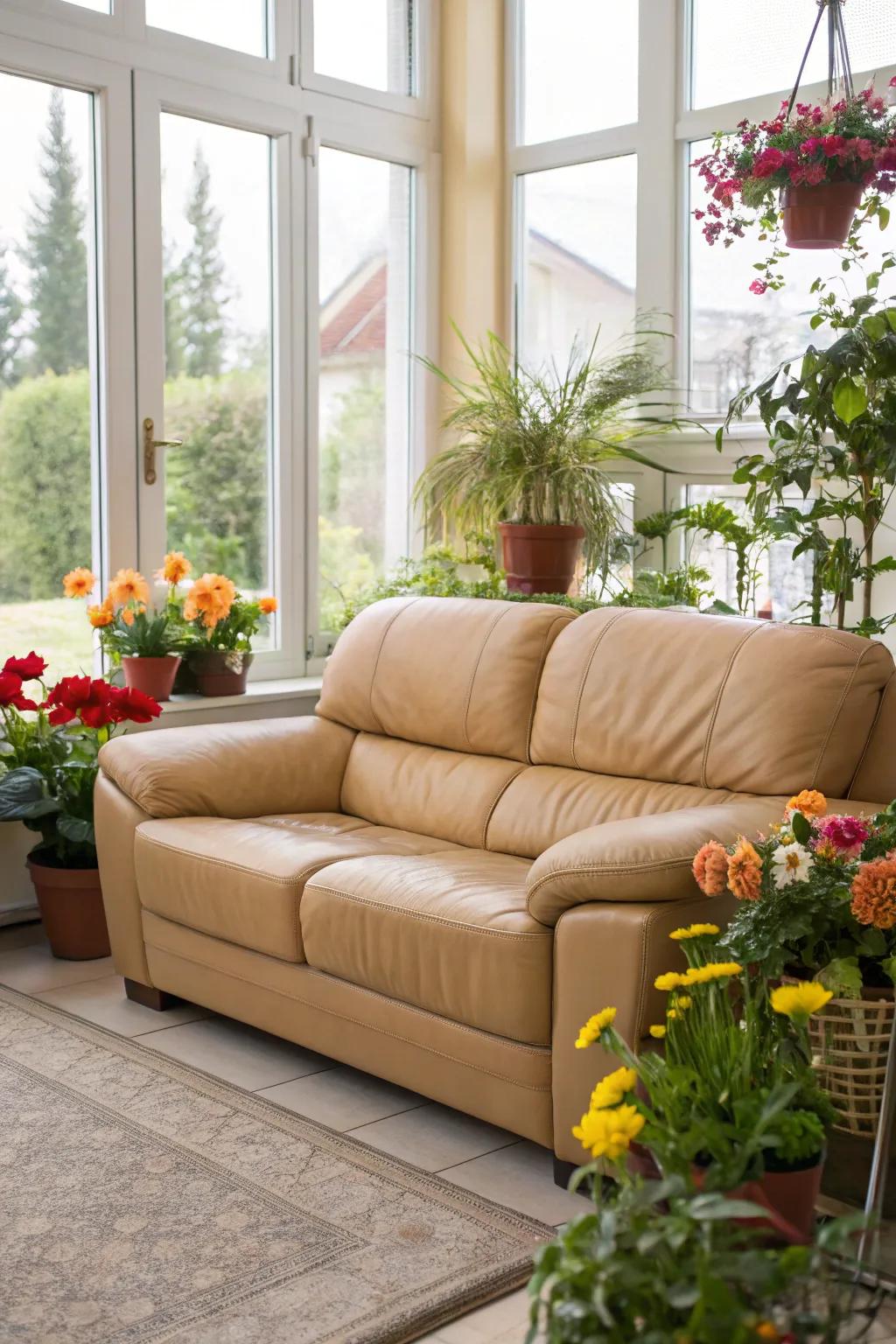 Natural components enliven a sitting room featuring a russet hide settee.