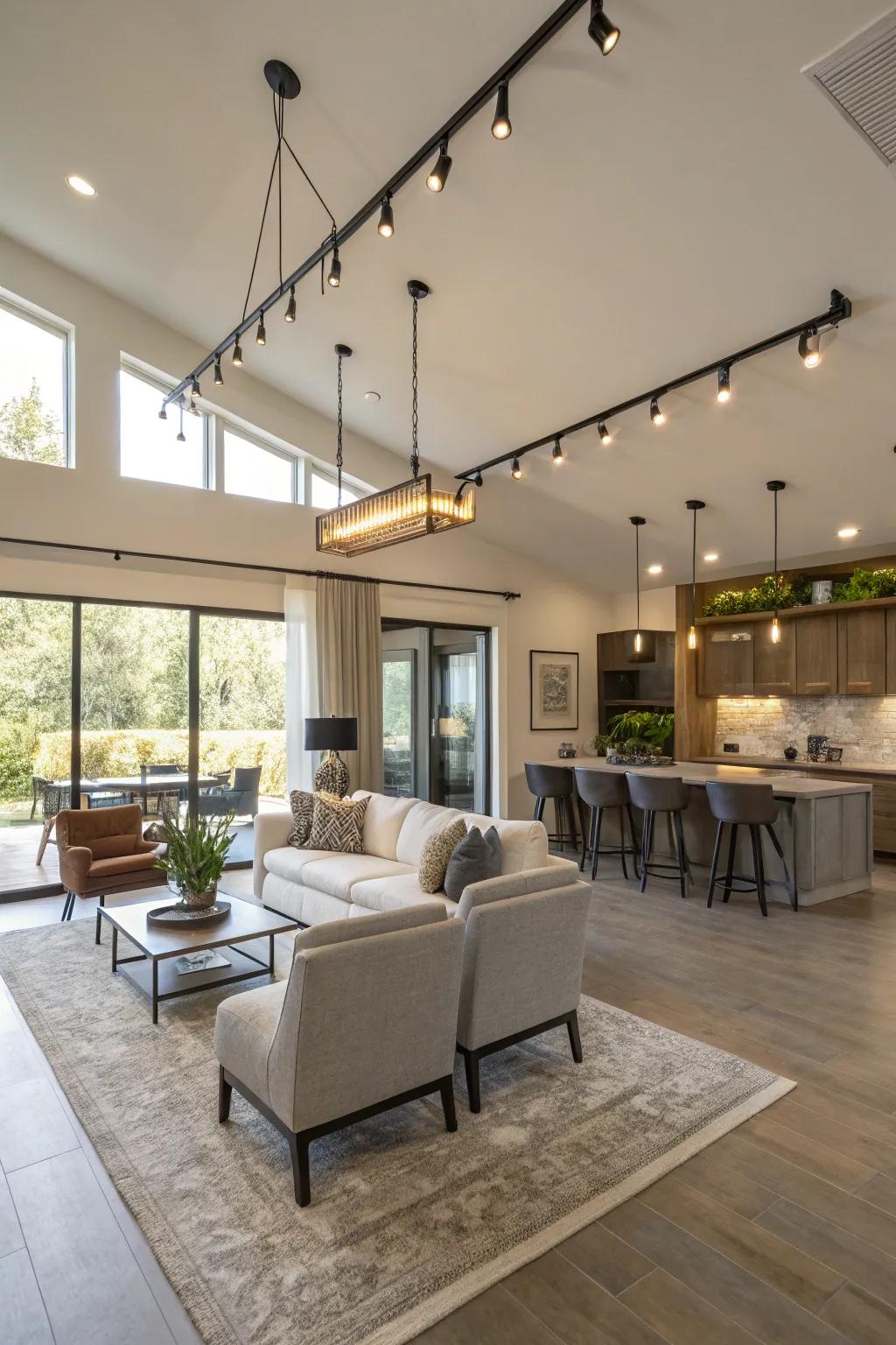 An open-concept living area features a dynamic mix of pendant and spotlight track lighting.