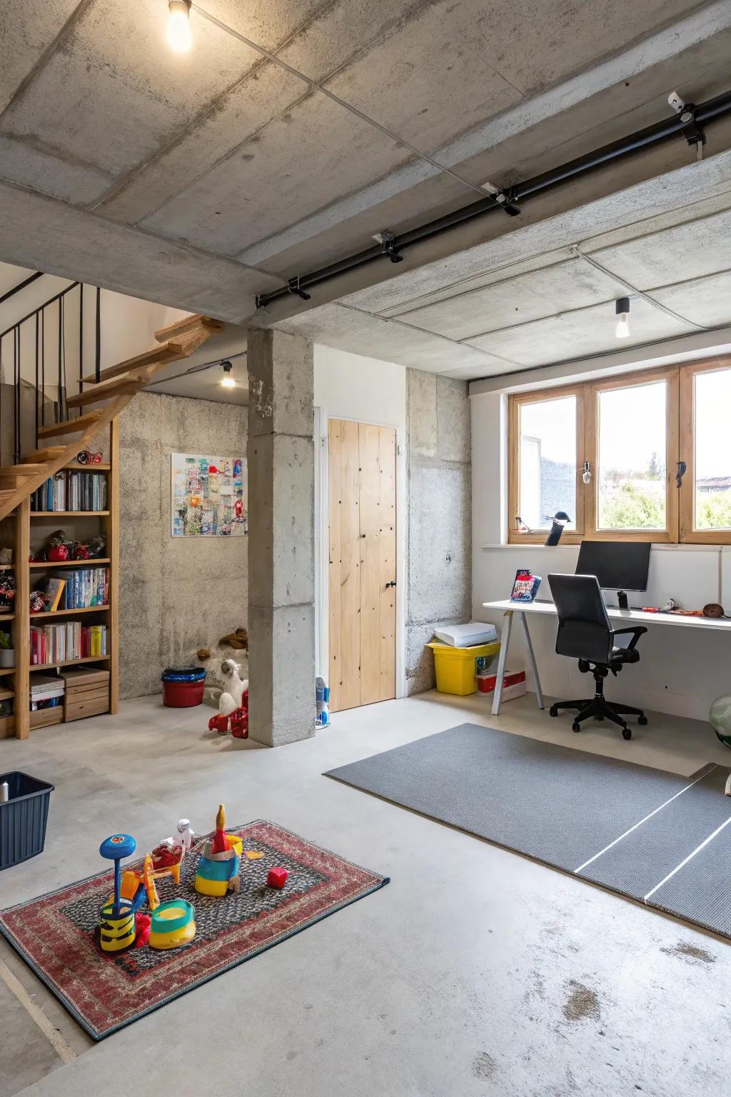 Multi-functional spaces make the most of an unfinished basement.