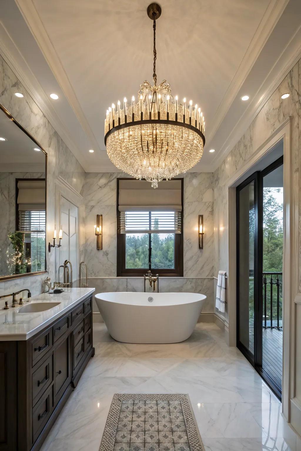 An impressive chandelier that elevates bathroom refinement.