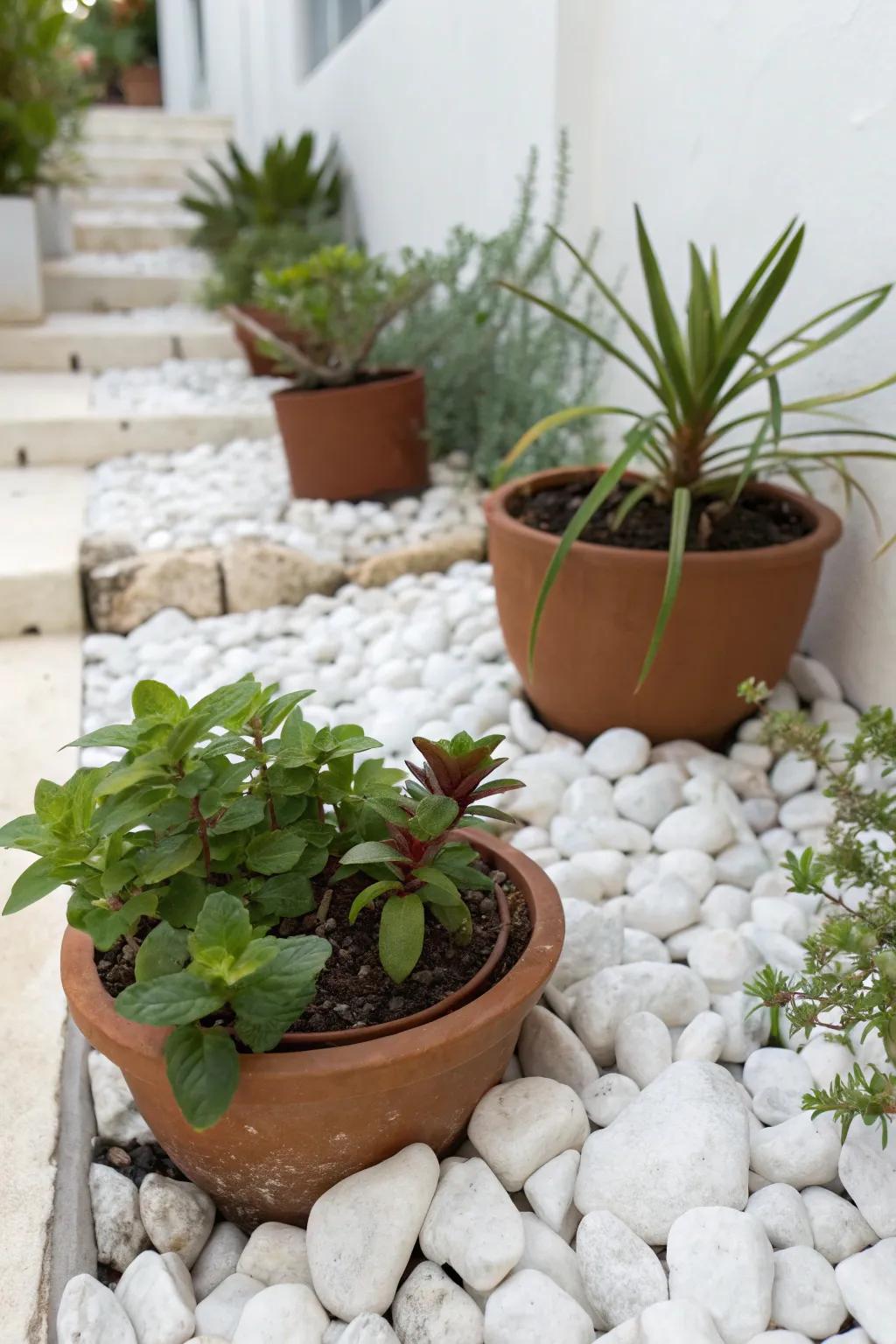 A display of potted plants arranged on a pale stone bed, layering the garden's design.