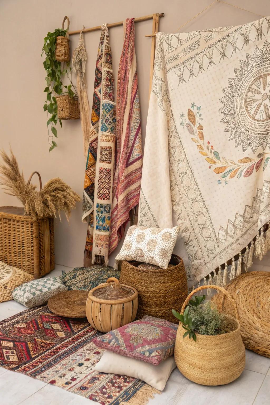 A bohemian-themed mood board replete with radiant colors and patterns.